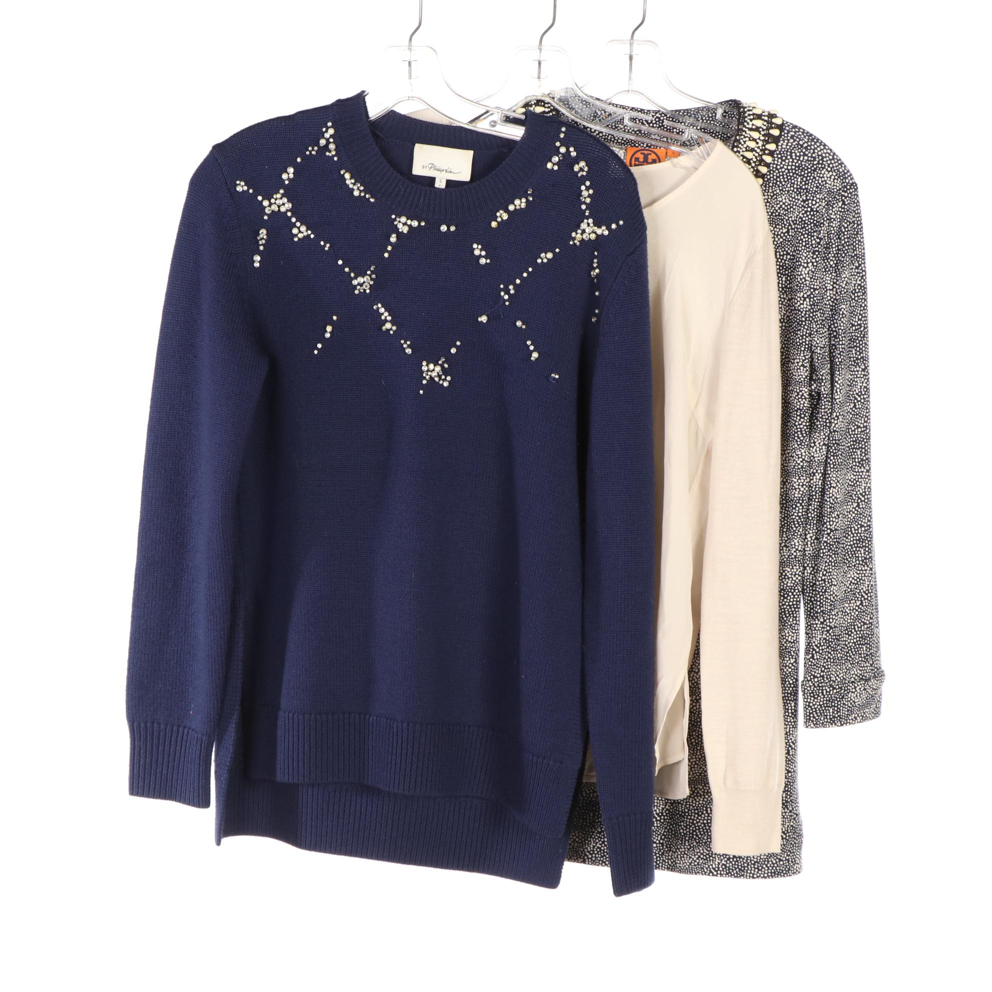 3-1 Phillip Lim Embellished Wool Sweater with Joseph and Tory Burch Silk Tops