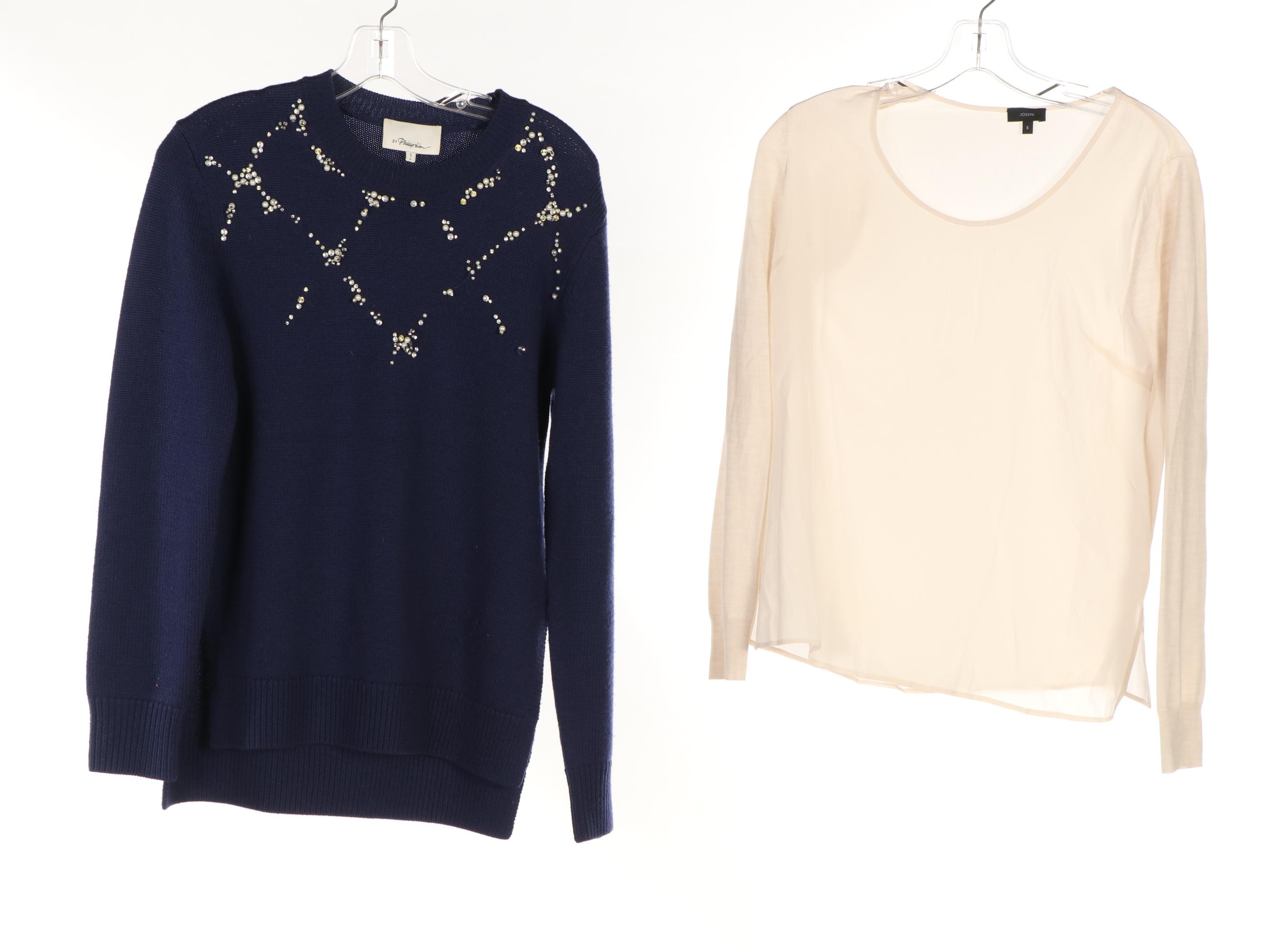 3-1 Phillip Lim Embellished Wool Sweater with Joseph and Tory Burch Silk Tops