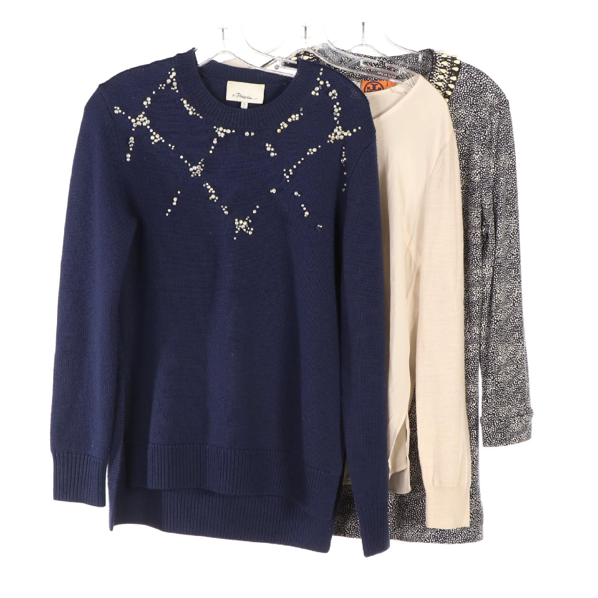3-1 Phillip Lim Embellished Wool Sweater with Joseph and Tory Burch Silk Tops