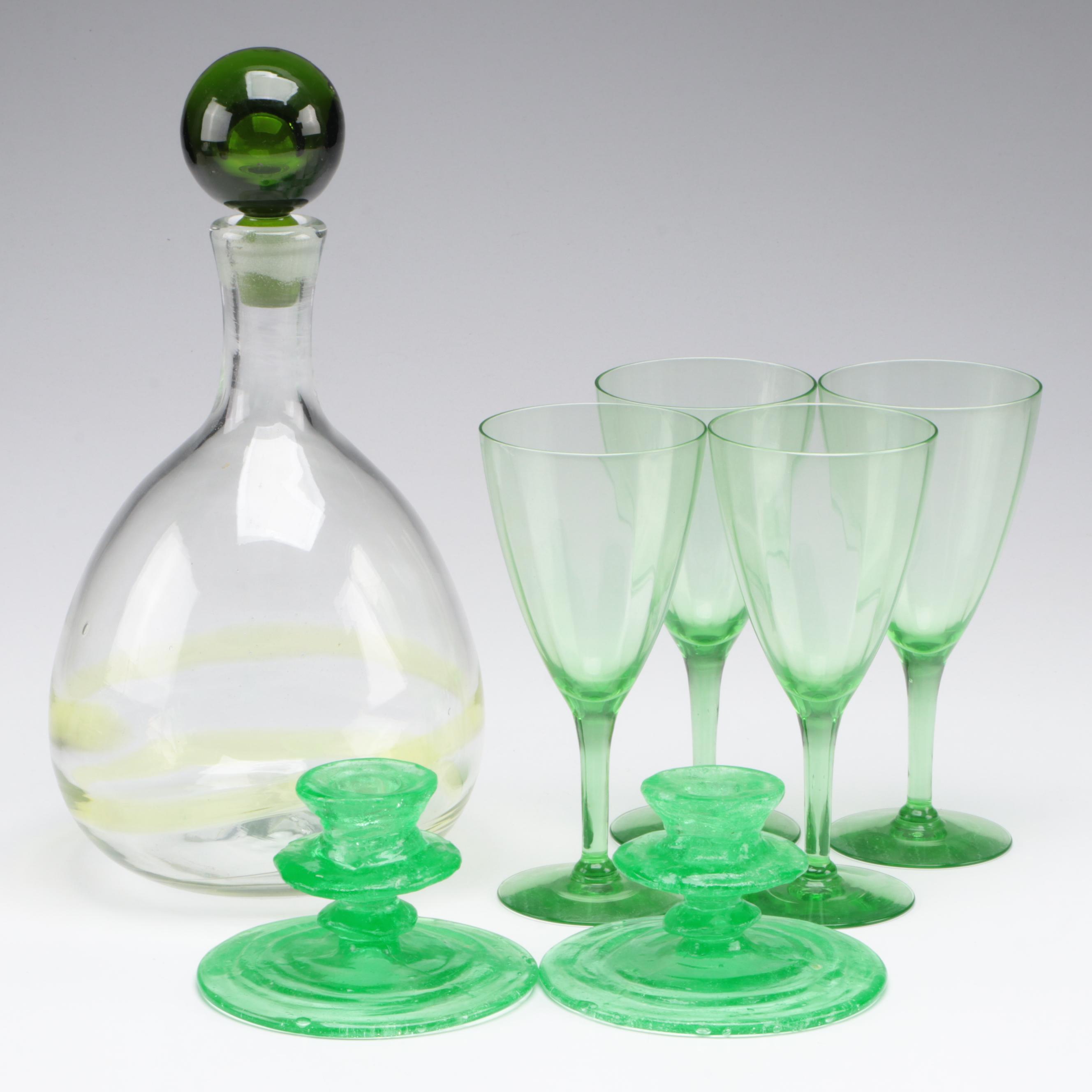 Blown Uranium Glass Candlesticks with Optic Stemware and Swirled Decanter