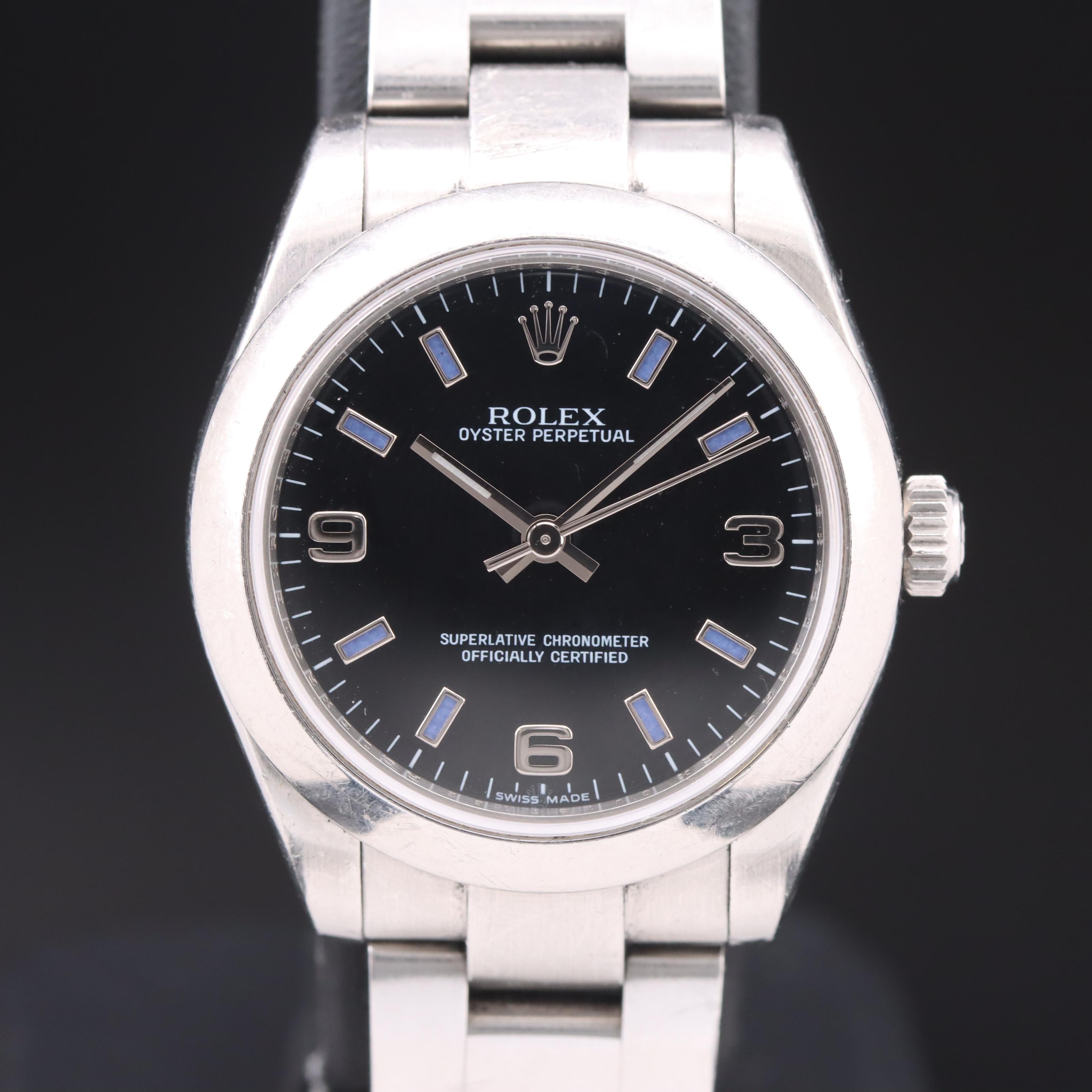 Rolex Oyster Perpetual Black Arabic and Blue Markers Dial Watch