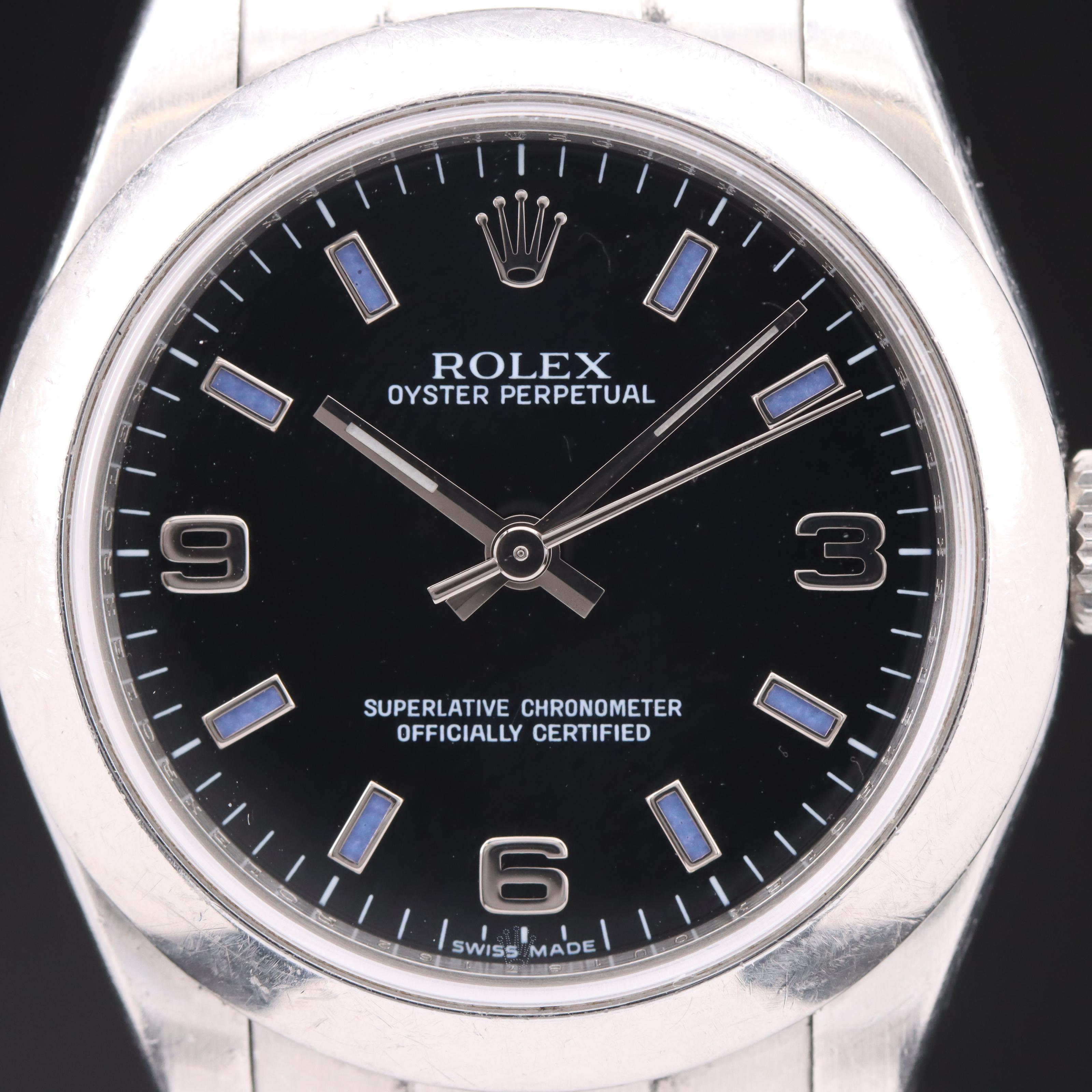Rolex Oyster Perpetual Black Arabic and Blue Markers Dial Watch