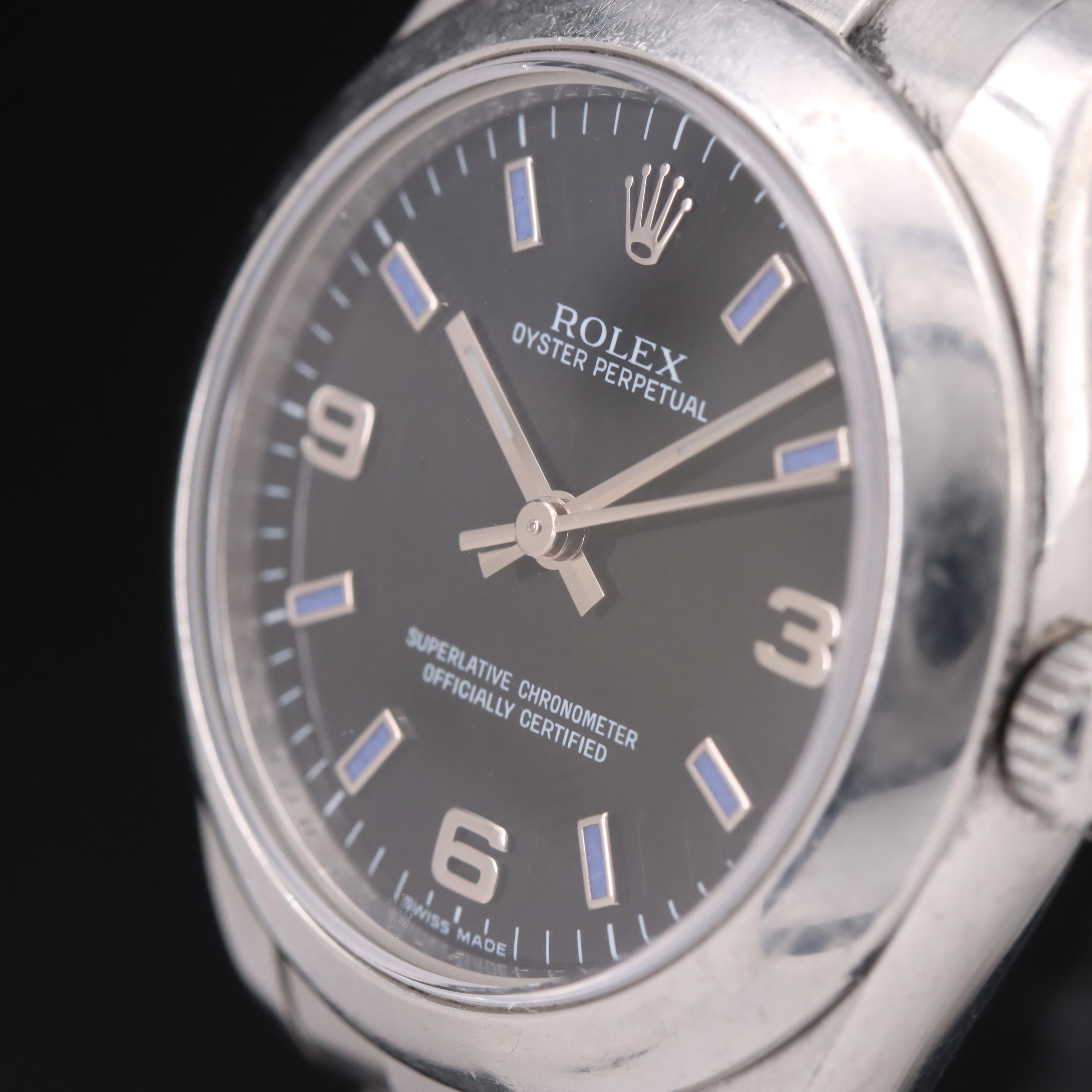 Rolex Oyster Perpetual Black Arabic and Blue Markers Dial Watch