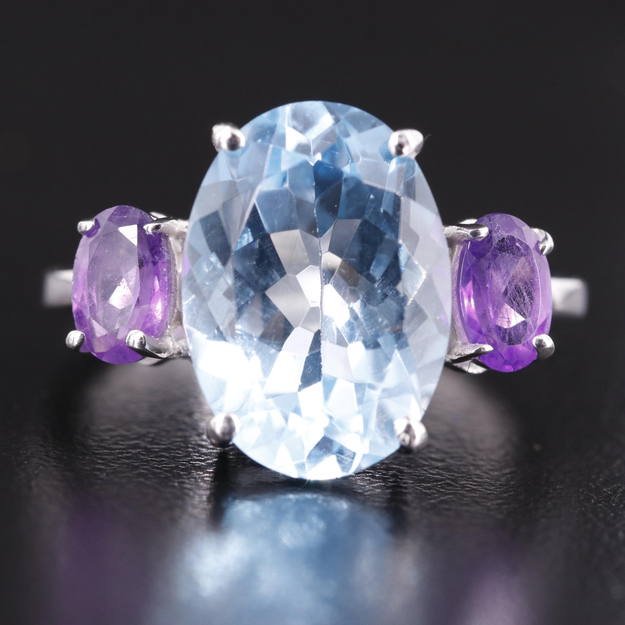 Sterling Blue Topaz and Amethyst Ring