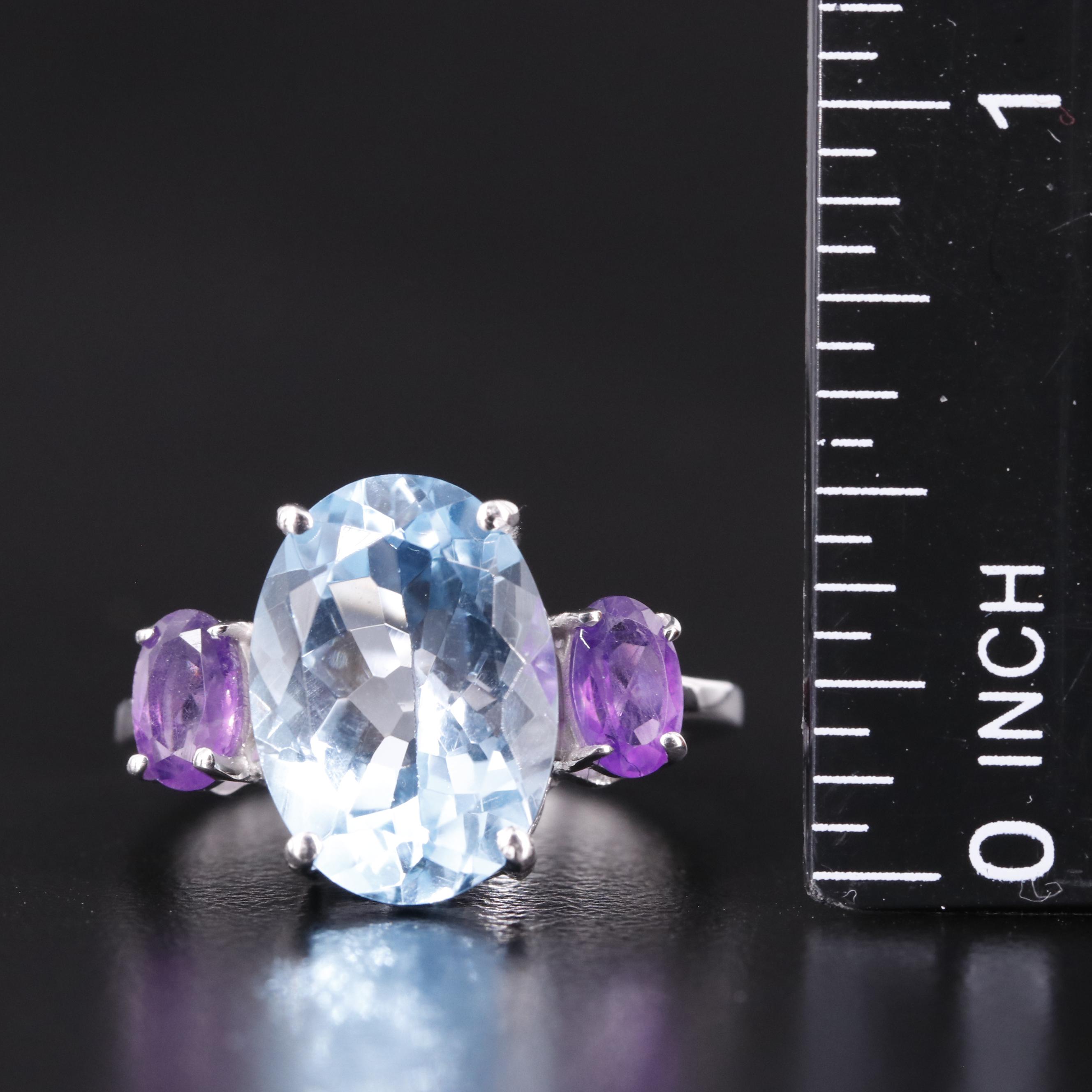 Sterling Blue Topaz and Amethyst Ring