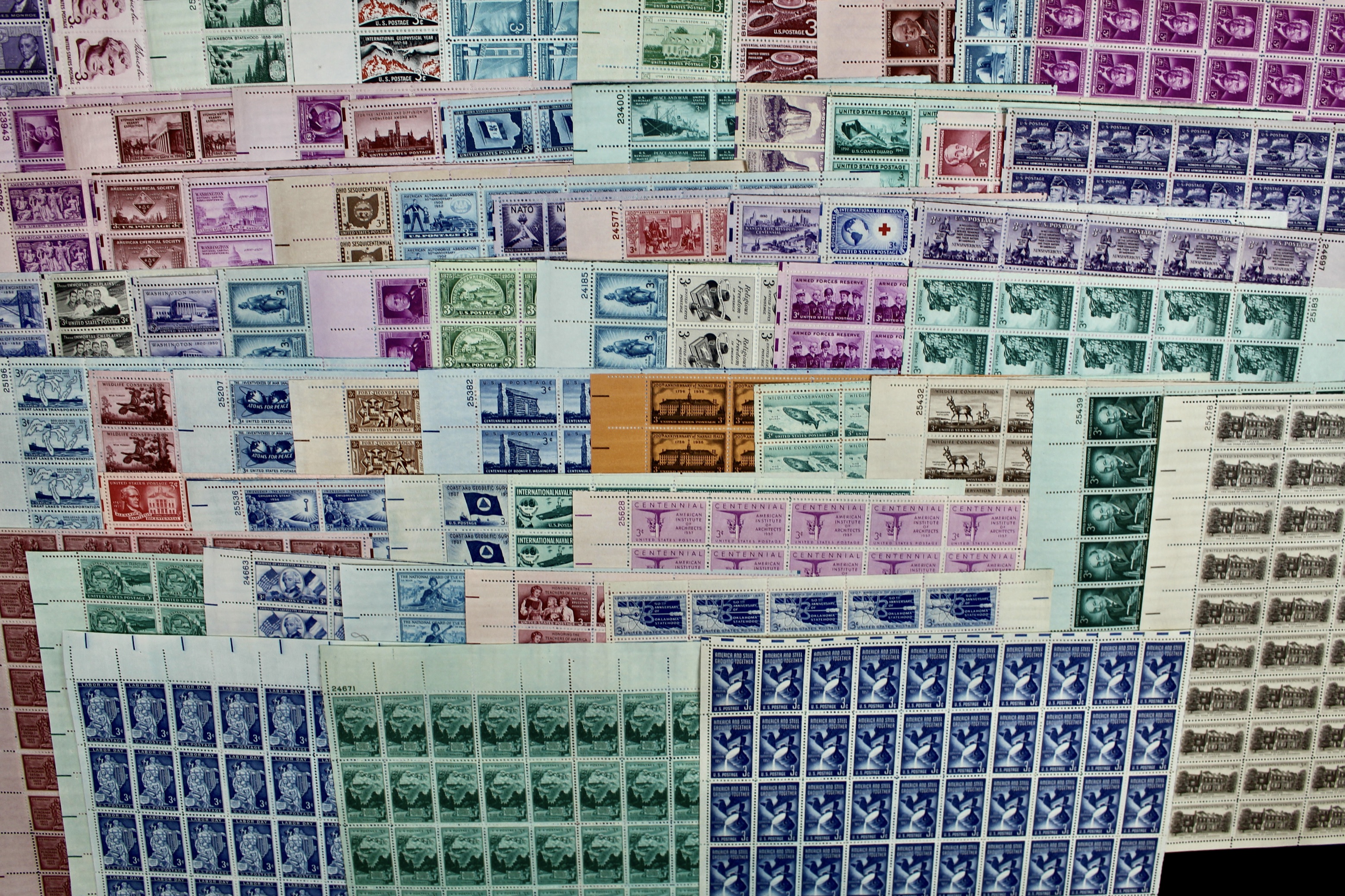 Seventy-Three Different U.S. 3-Cent Postage Stamp Sheets, 1940s to 1950s
