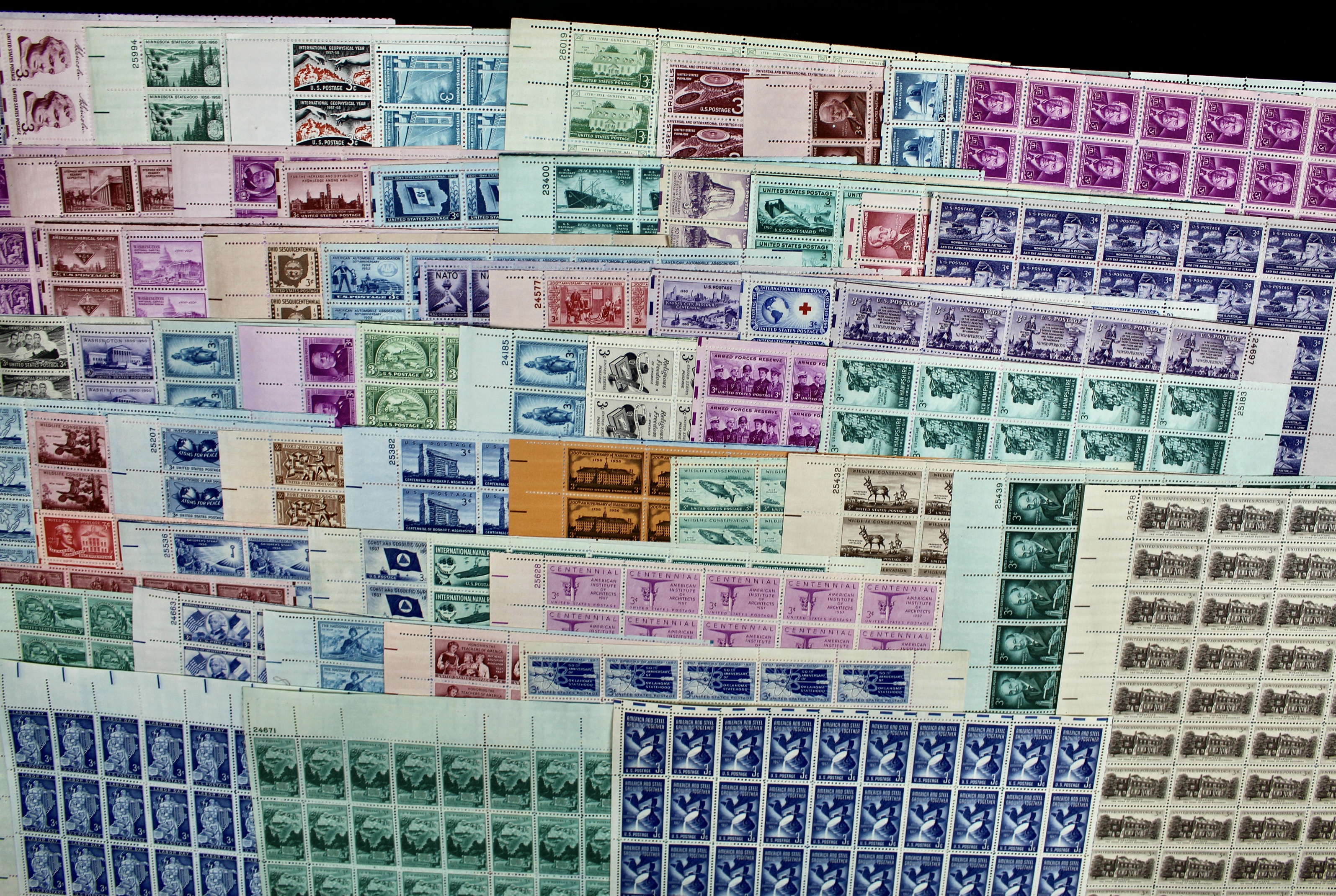 Seventy-Three Different U.S. 3-Cent Postage Stamp Sheets, 1940s to 1950s