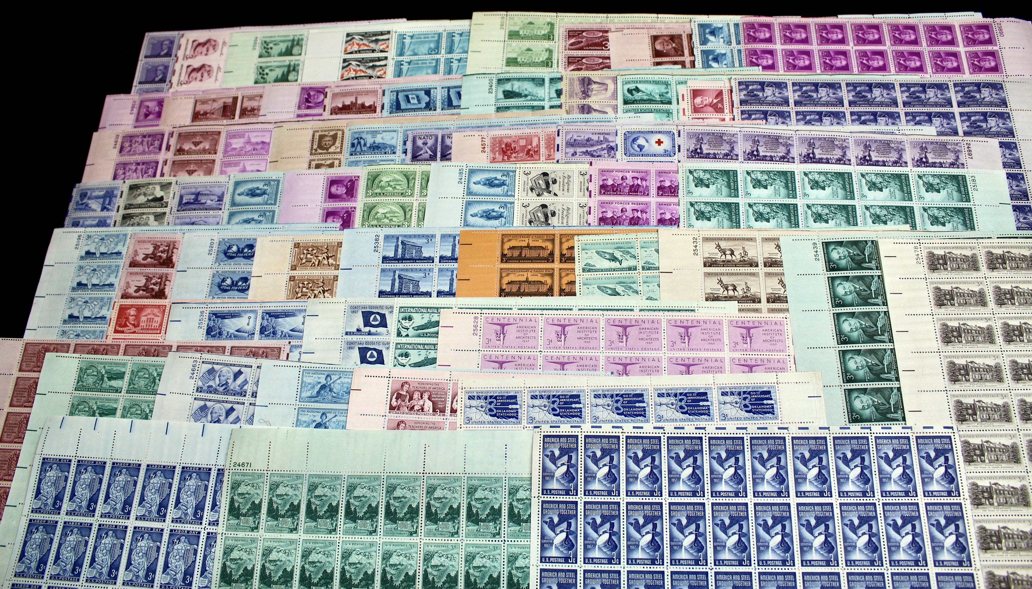 Seventy-Three Different U.S. 3-Cent Postage Stamp Sheets, 1940s to 1950s