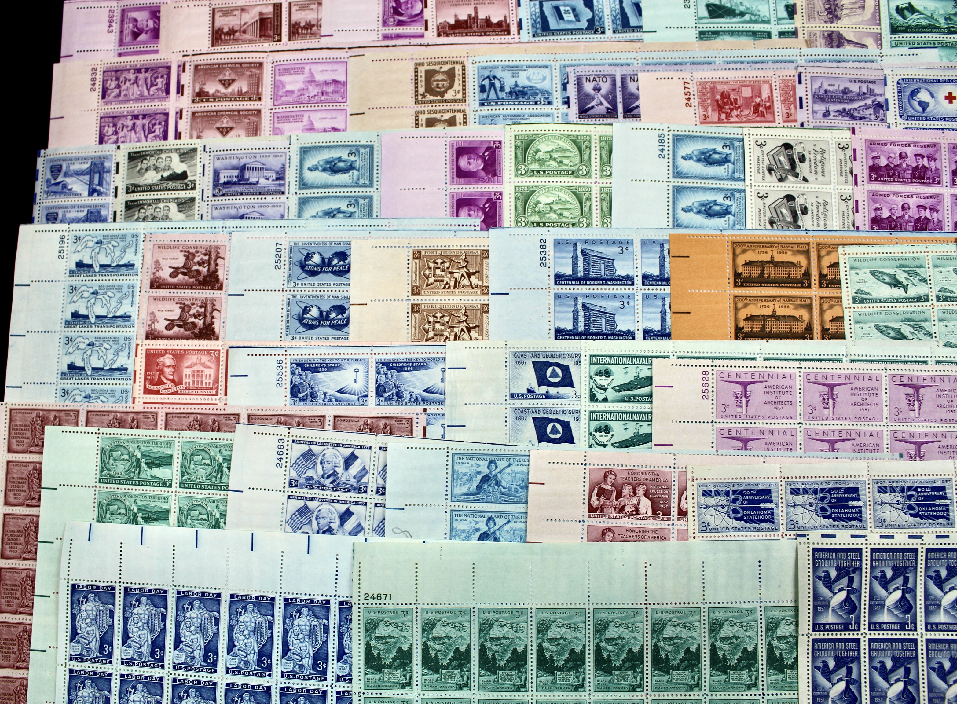 Seventy-Three Different U.S. 3-Cent Postage Stamp Sheets, 1940s to 1950s