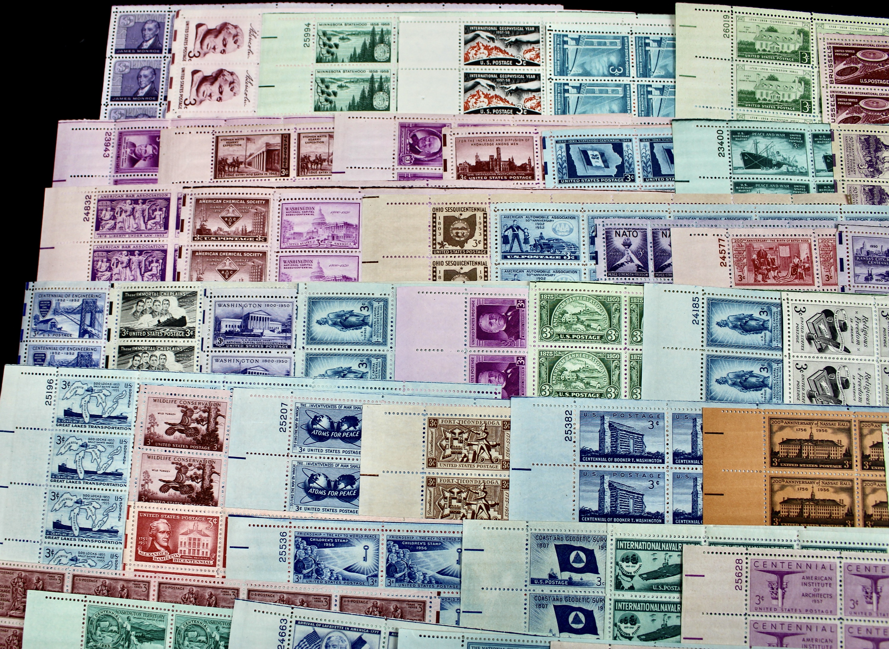 Seventy-Three Different U.S. 3-Cent Postage Stamp Sheets, 1940s to 1950s