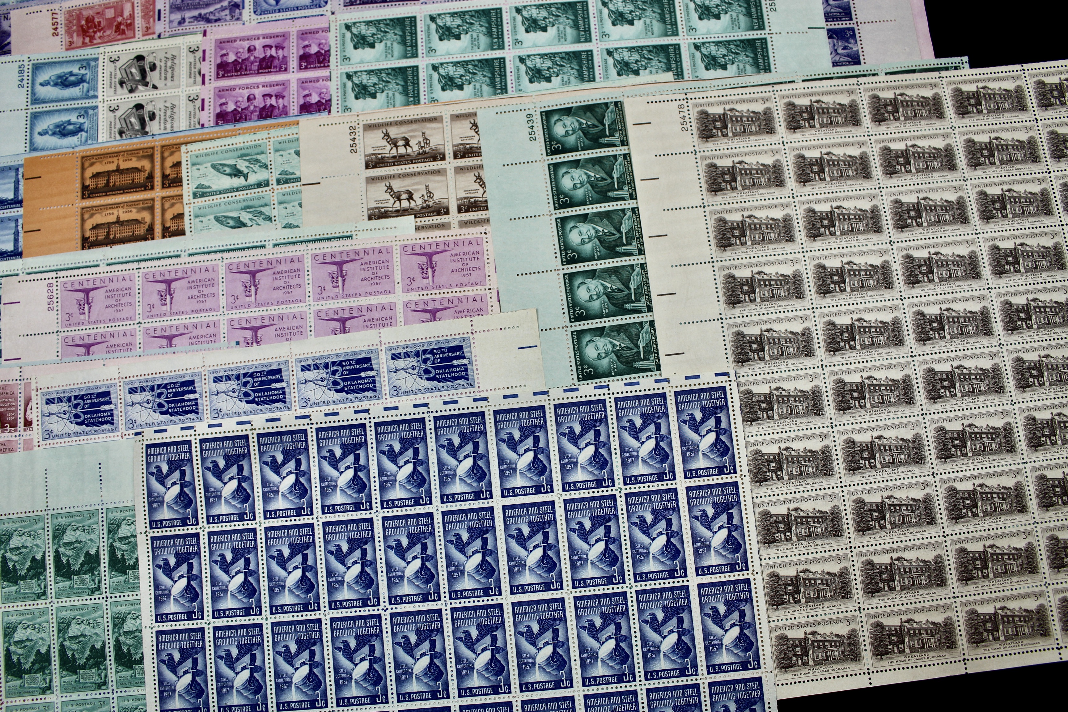 Seventy-Three Different U.S. 3-Cent Postage Stamp Sheets, 1940s to 1950s