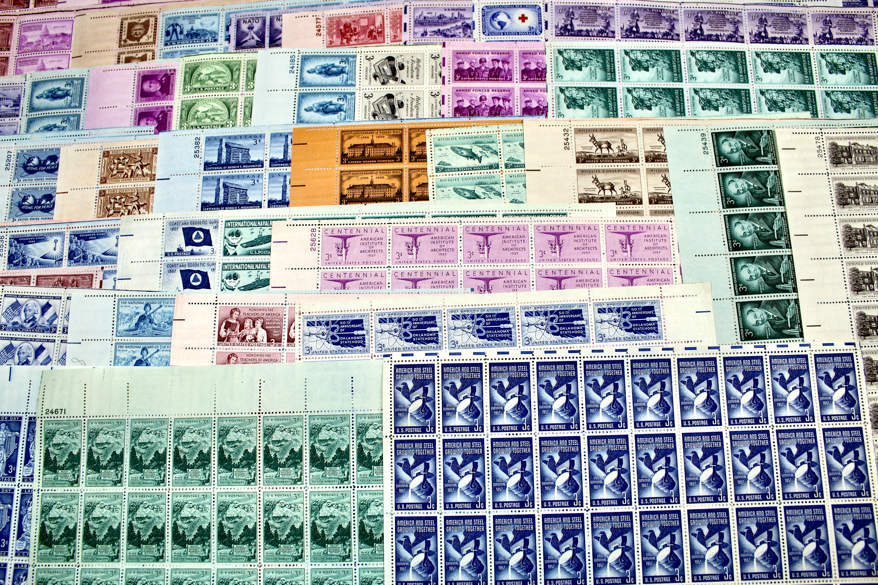 Seventy-Three Different U.S. 3-Cent Postage Stamp Sheets, 1940s to 1950s