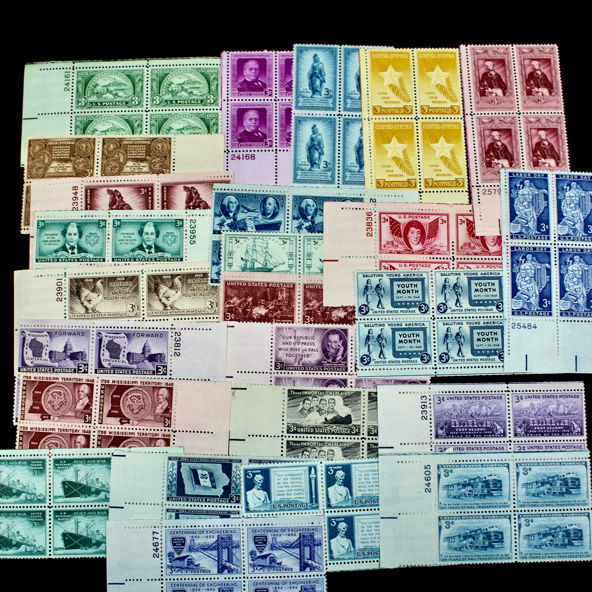 1,200 U.S. Postage Stamp Plate Blocks, 1940s to 1960s