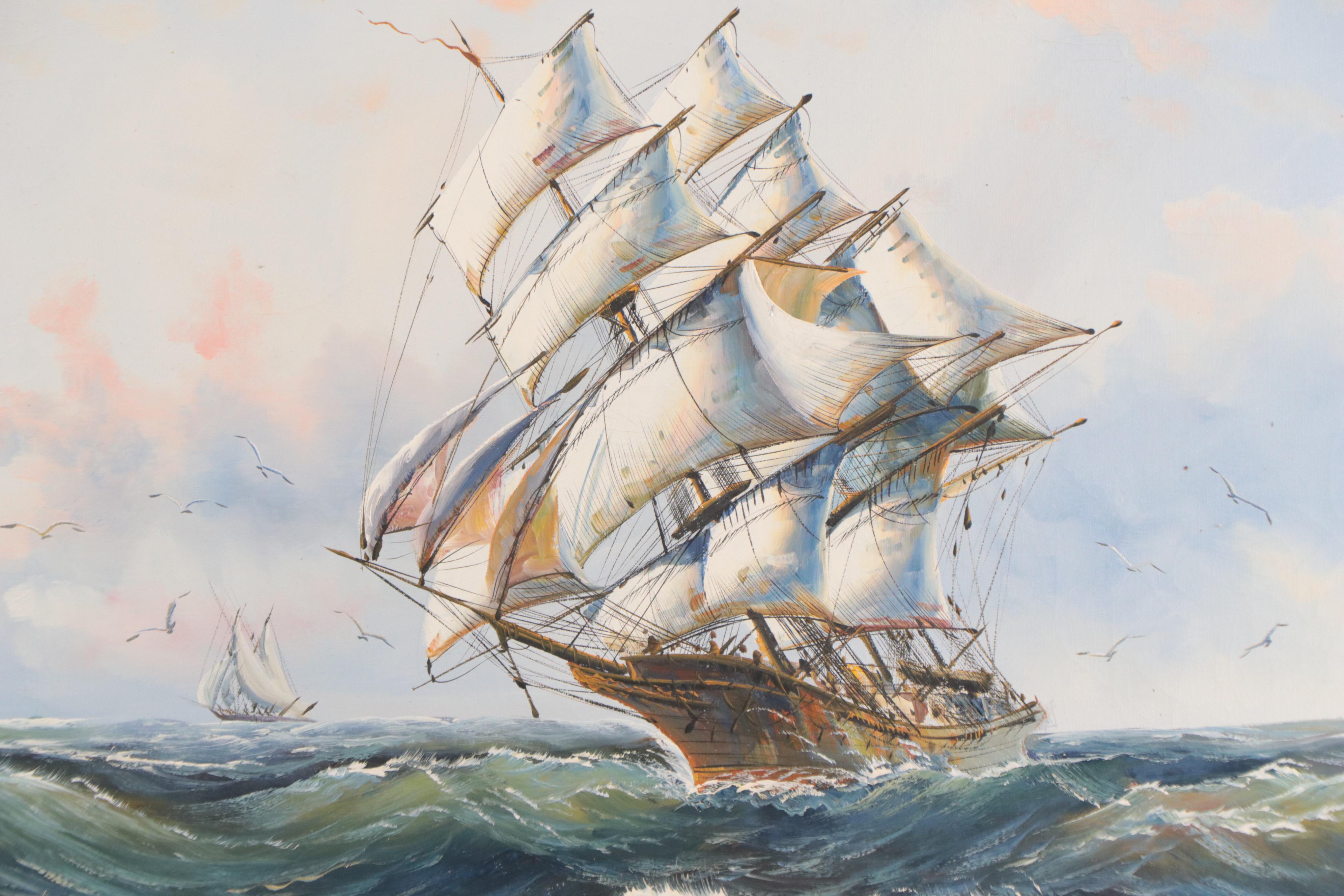 Oil Painting of Sailing Ship on Ocean
