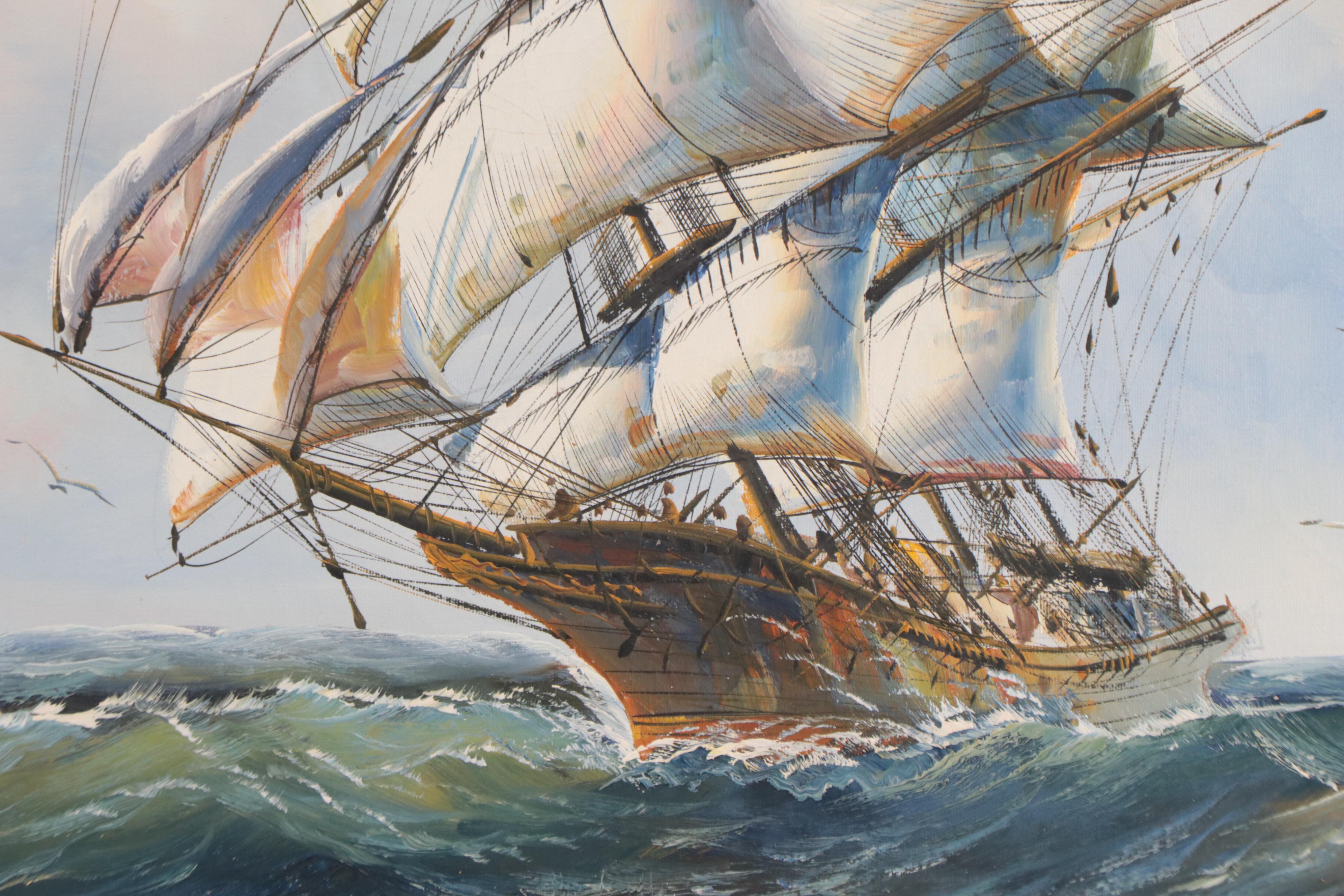 Oil Painting of Sailing Ship on Ocean