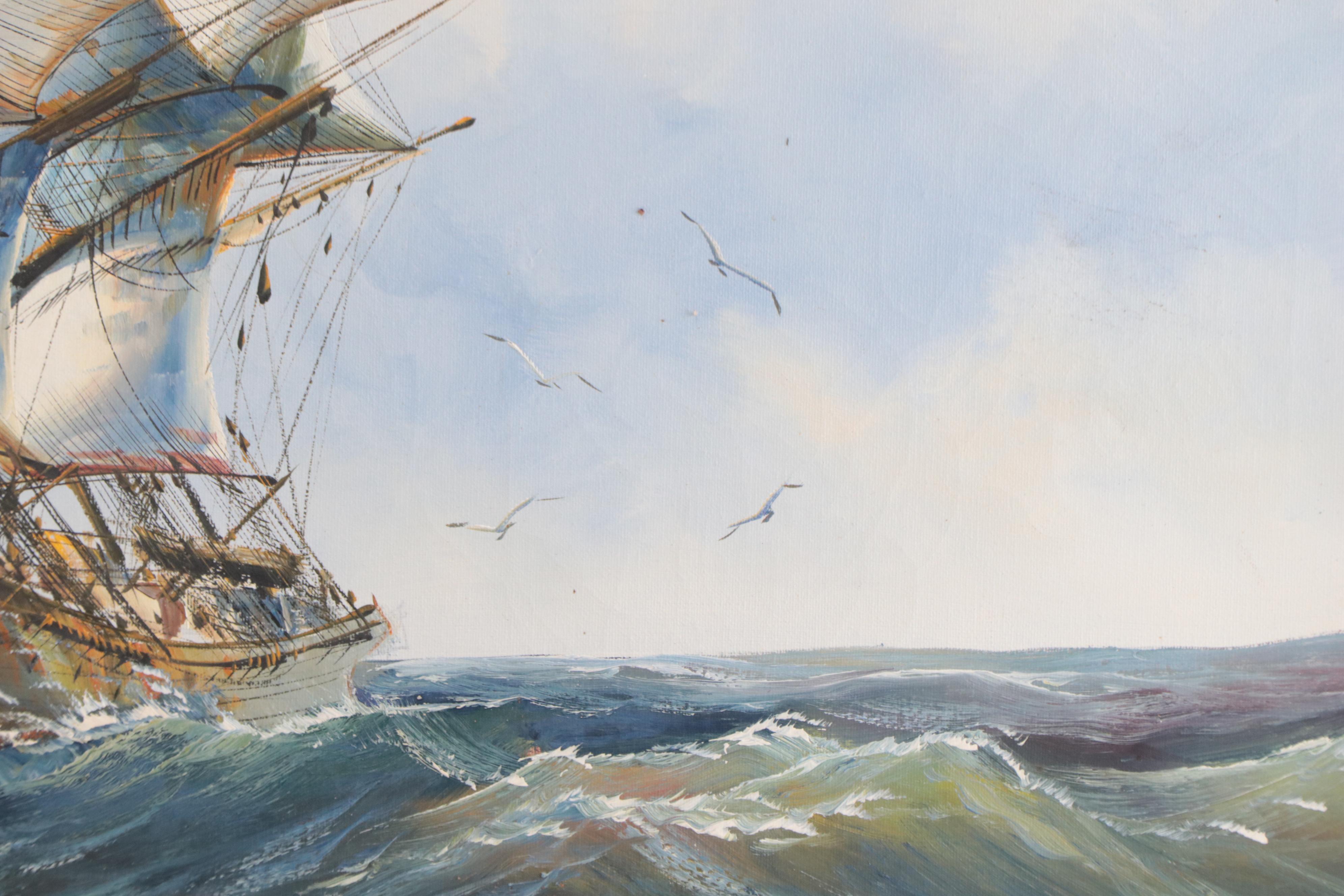 Oil Painting of Sailing Ship on Ocean