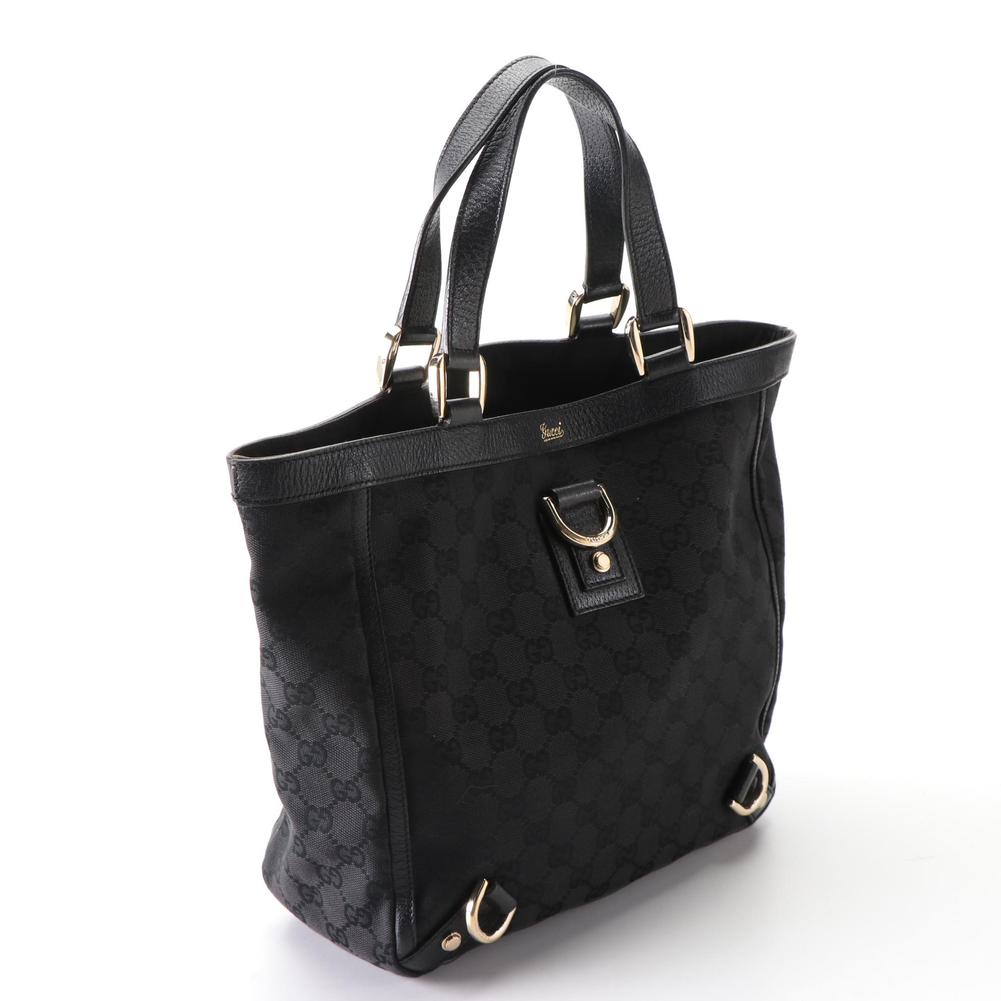 Gucci Abbey D-Ring Tote in Black GG Canvas and Cinghiale Leather
