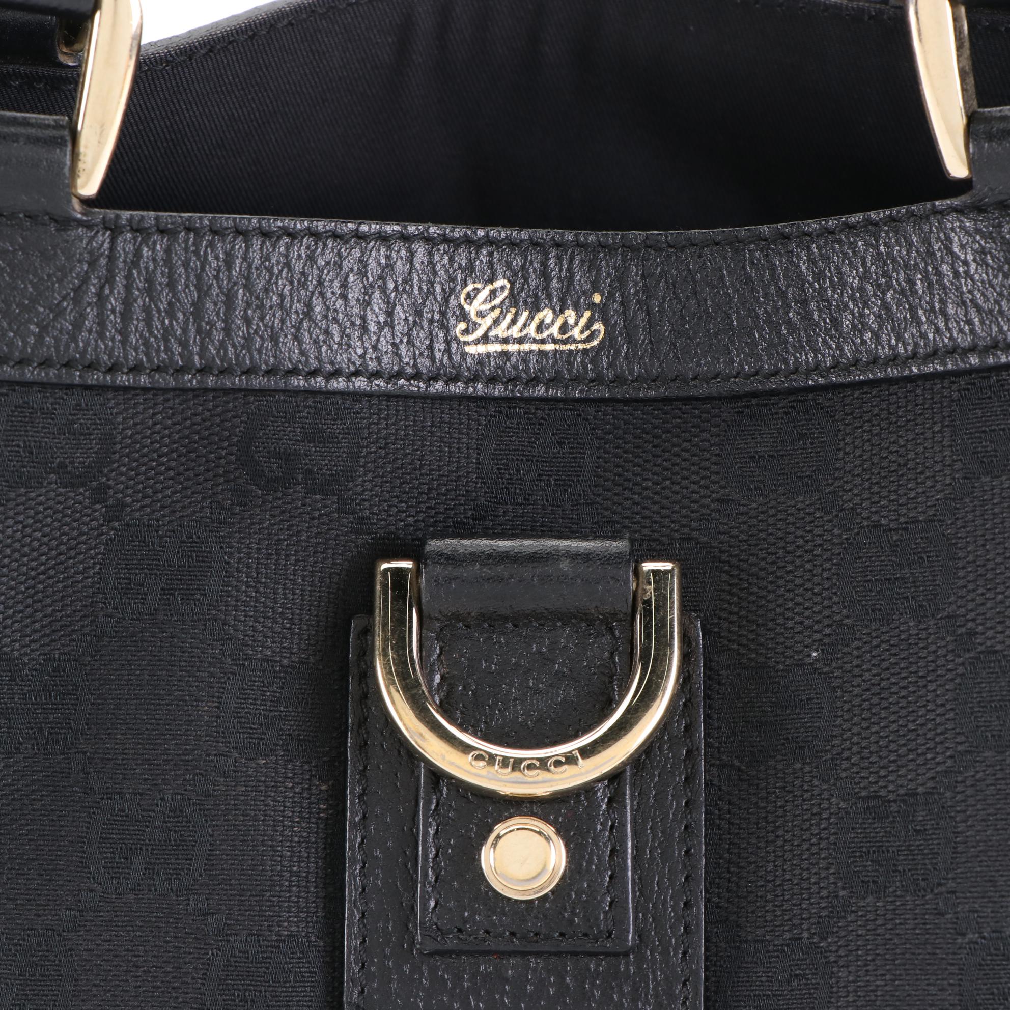 Gucci Abbey D-Ring Tote in Black GG Canvas and Cinghiale Leather