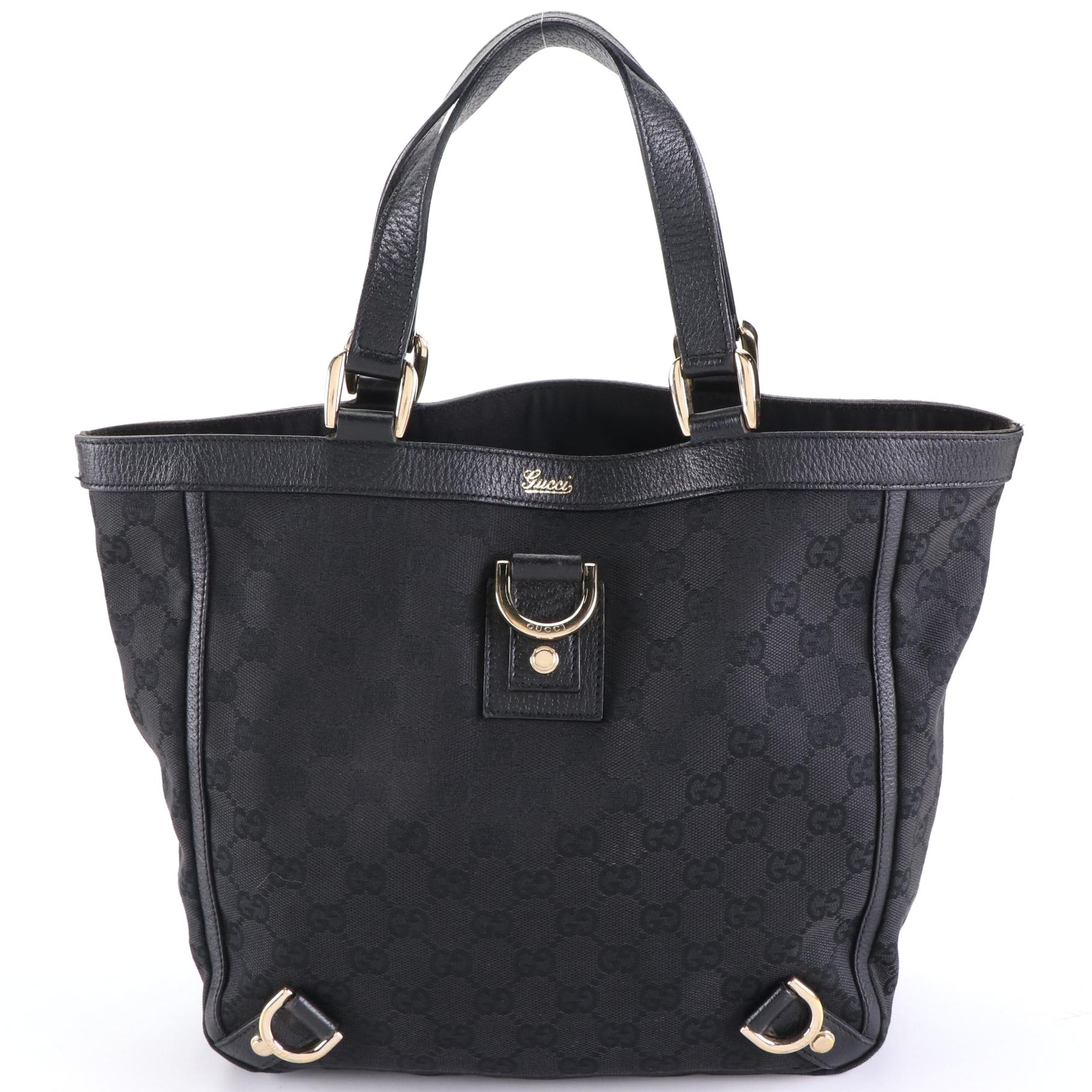 Gucci Abbey D-Ring Tote in Black GG Canvas and Cinghiale Leather