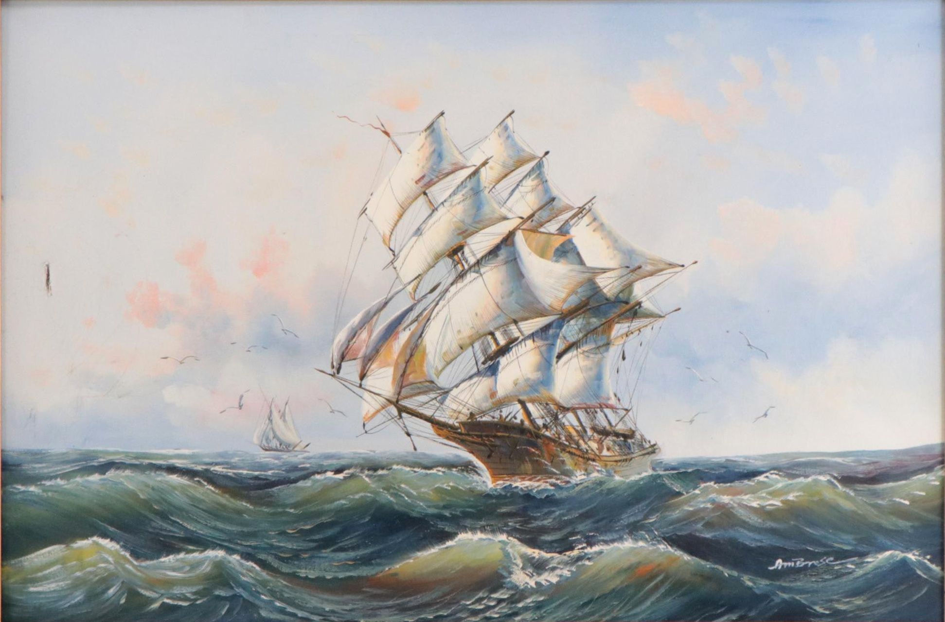 Oil Painting of Sailing Ship on Ocean