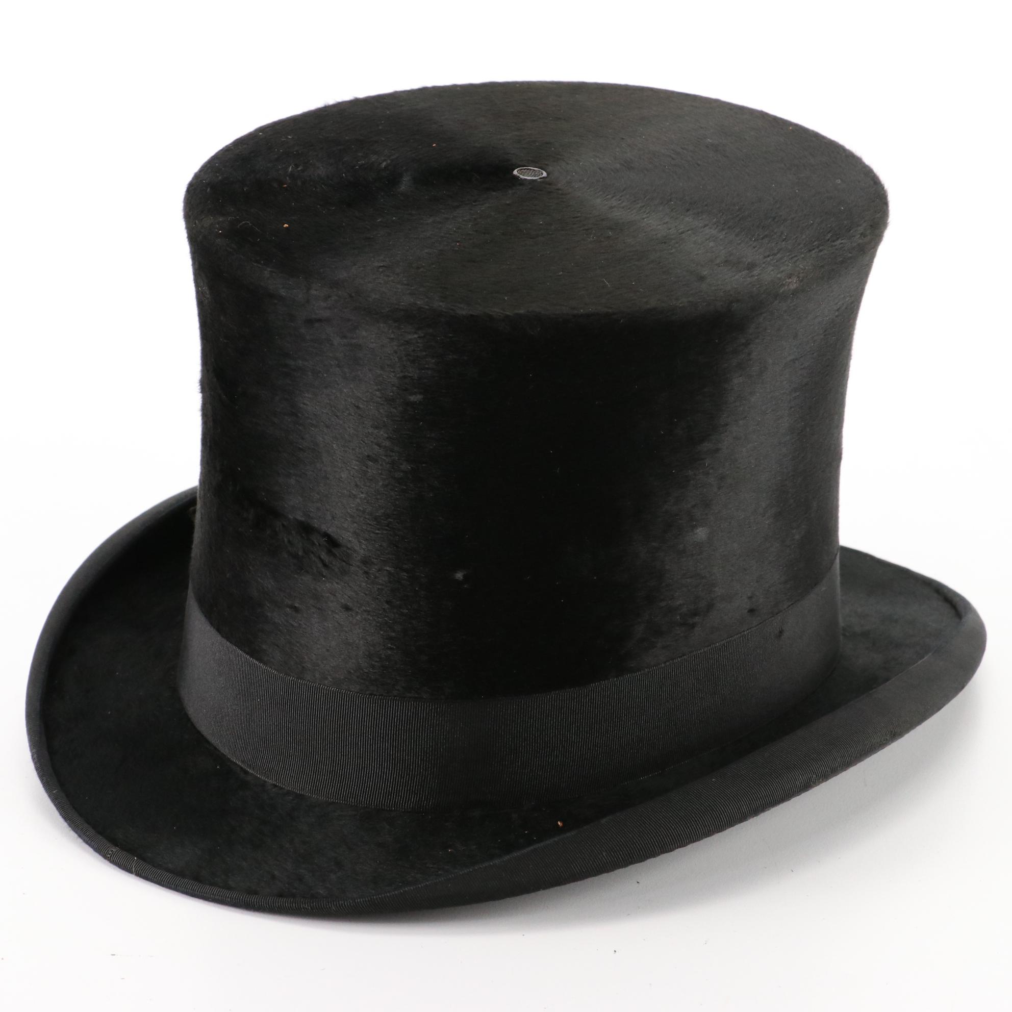 Young Bros. Beaver Fur Top Hat with Silk Band and Leather Hat Box, Late 1800s