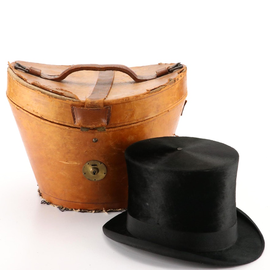 Young Bros. Beaver Fur Top Hat with Silk Band and Leather Hat Box, Late 1800s