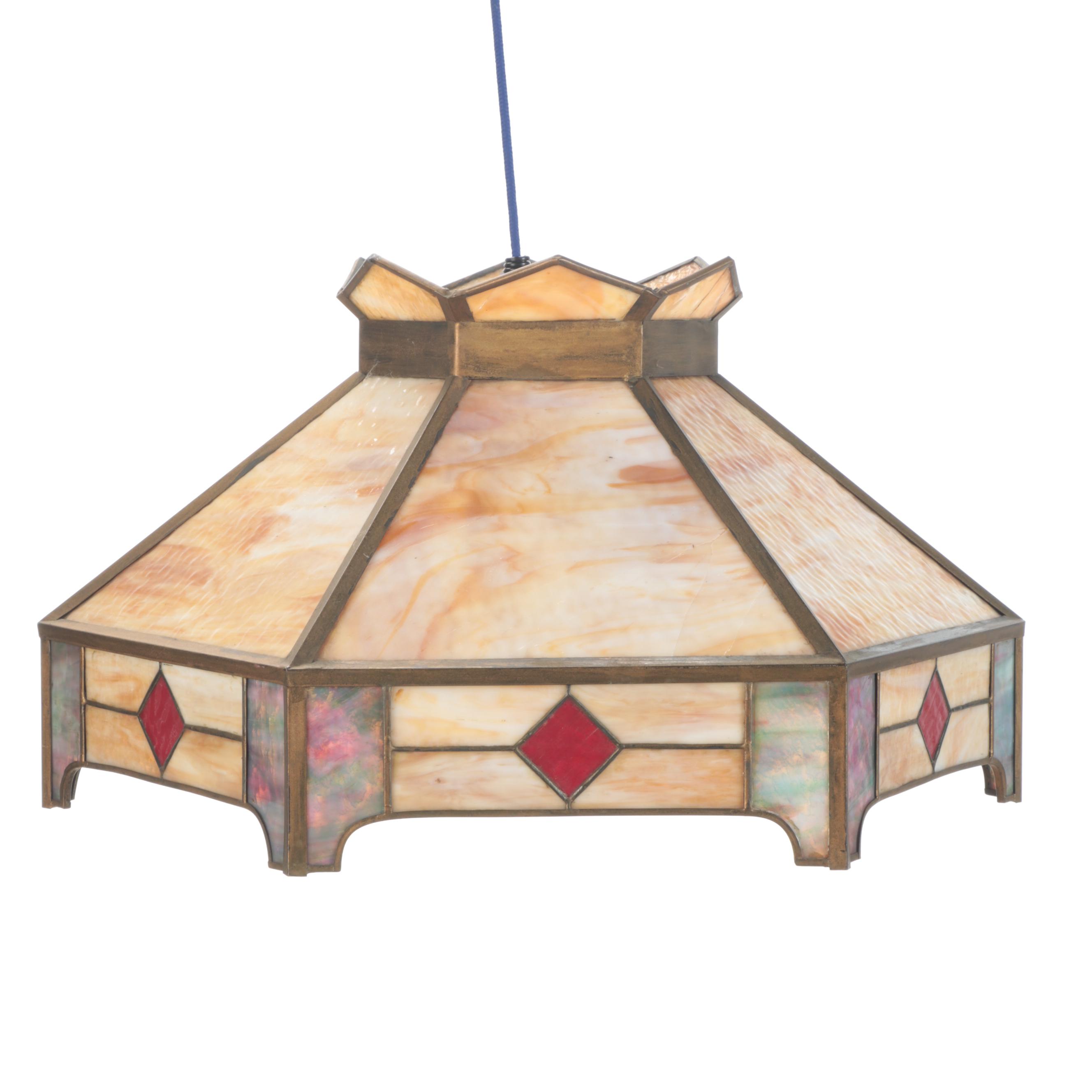 Tan and Red Slag Glass Pendant Lamp Shade, Late 20th Century