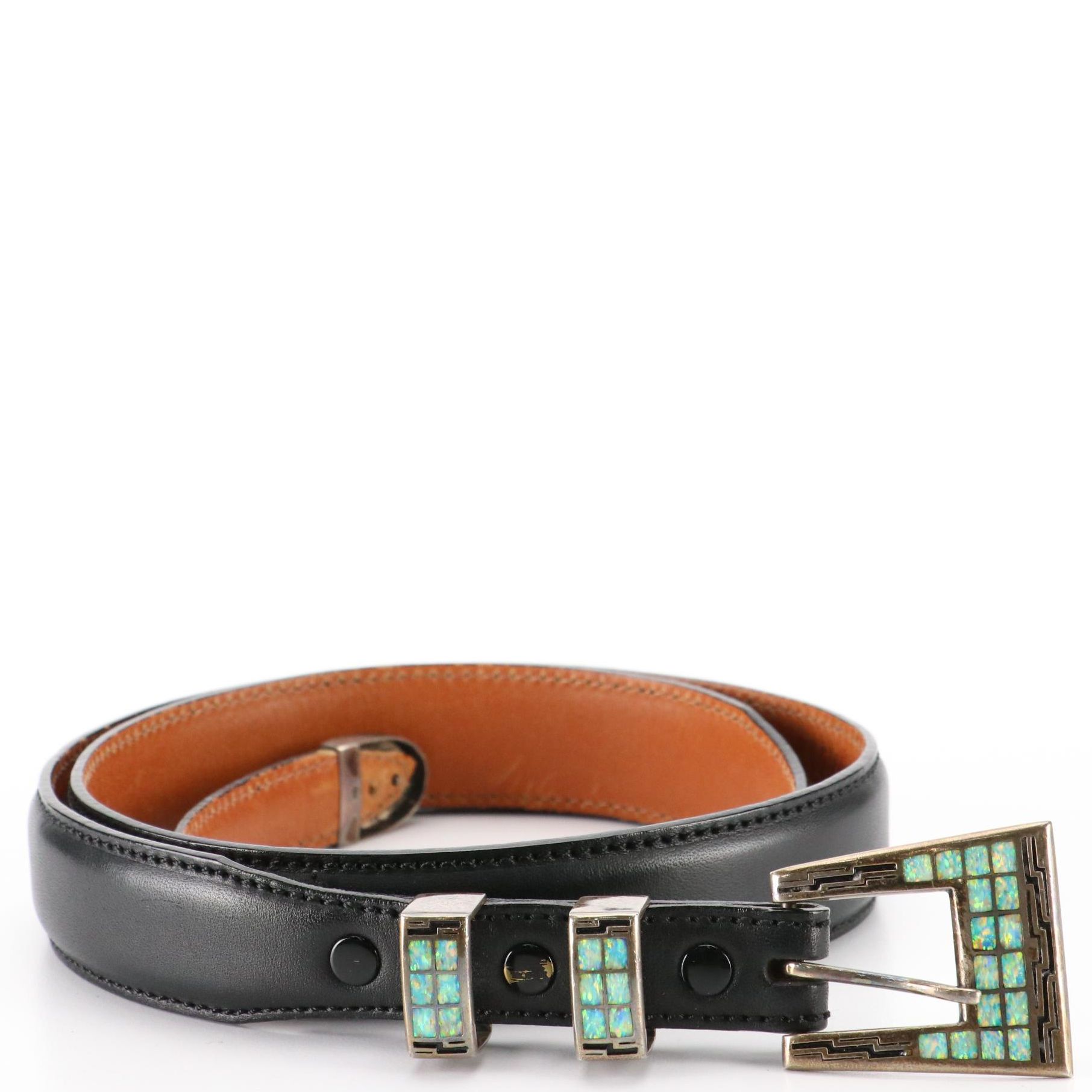 Temé Navajo Sterling Silver and Inlaid Belt Buckle on Alexander's Leather Belt