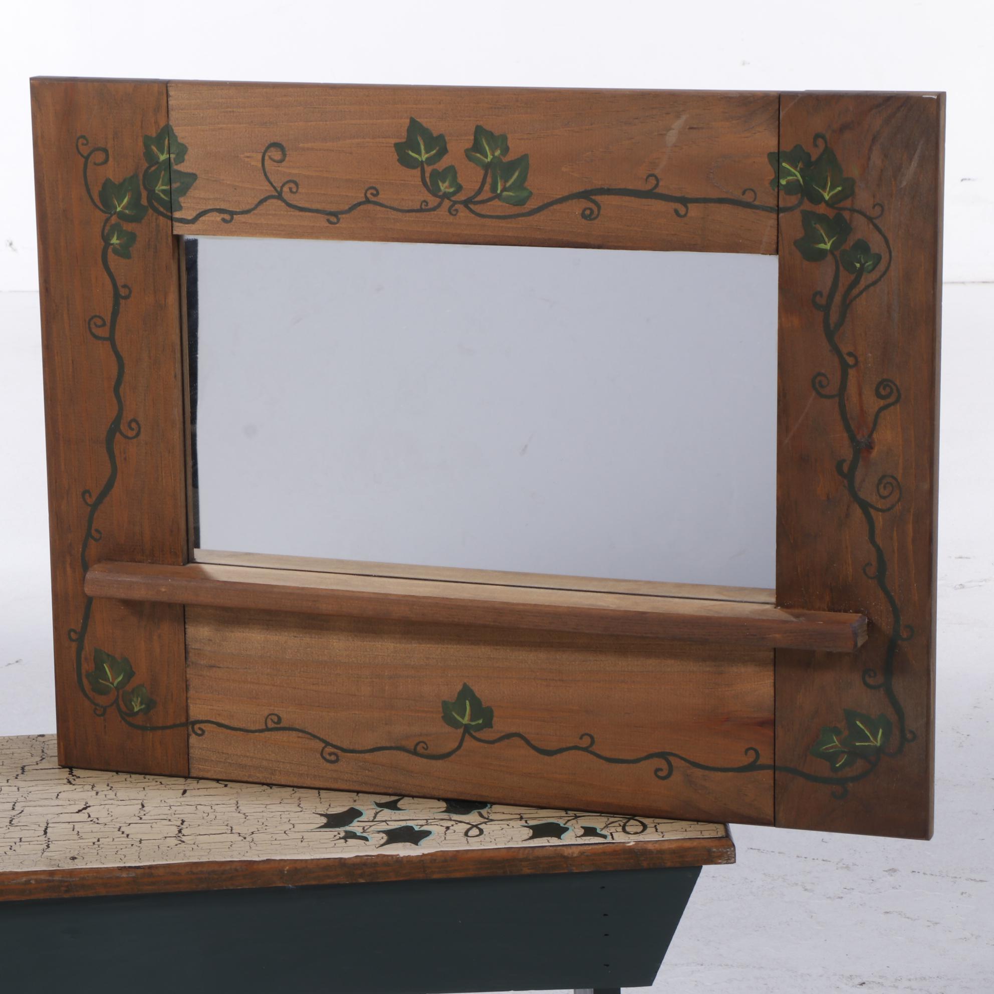 Primitive Style Paint-Decorated Wooden Bootjack Bench and Mirror