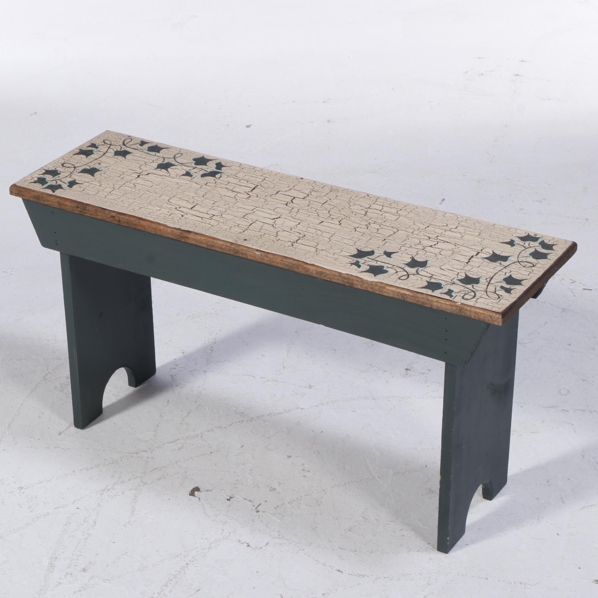 Primitive Style Paint-Decorated Wooden Bootjack Bench and Mirror