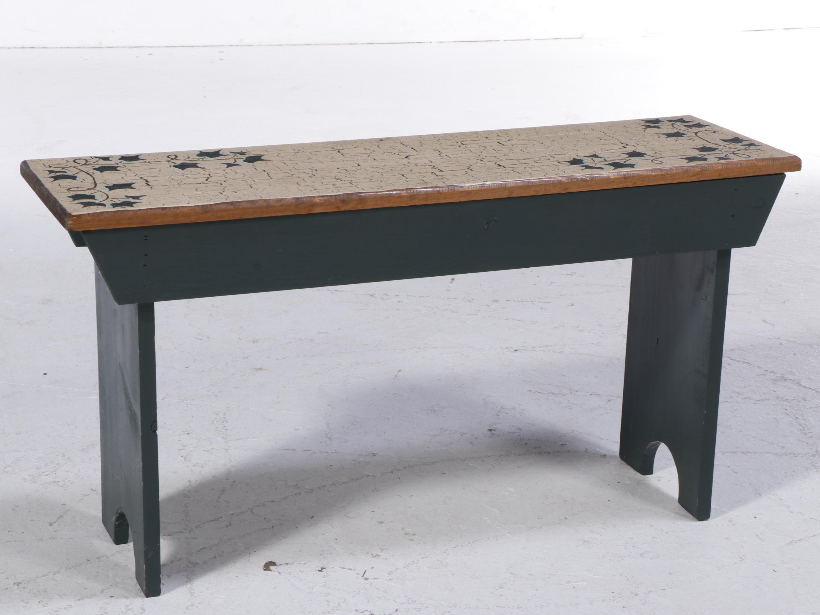 Primitive Style Paint-Decorated Wooden Bootjack Bench and Mirror