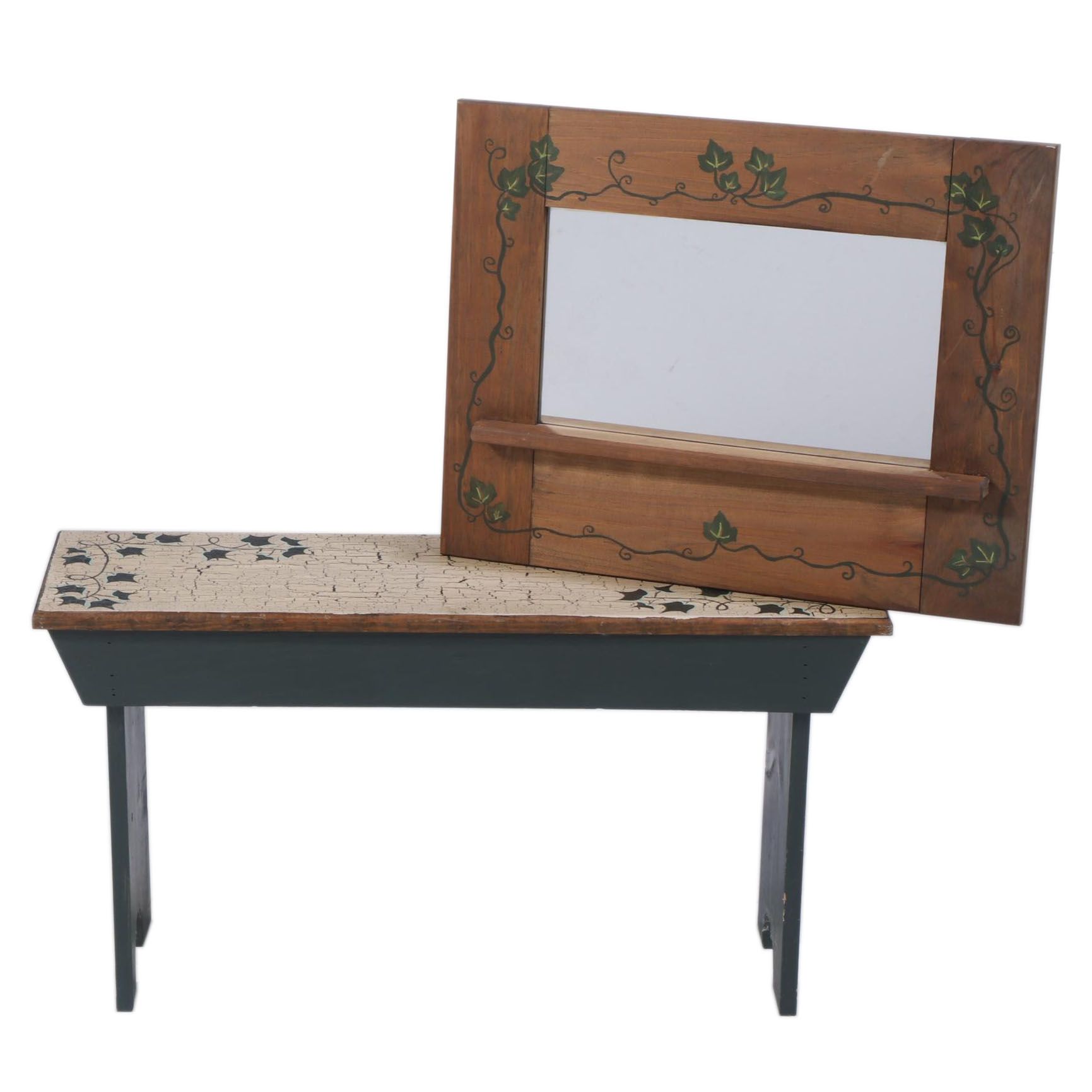 Primitive Style Paint-Decorated Wooden Bootjack Bench and Mirror