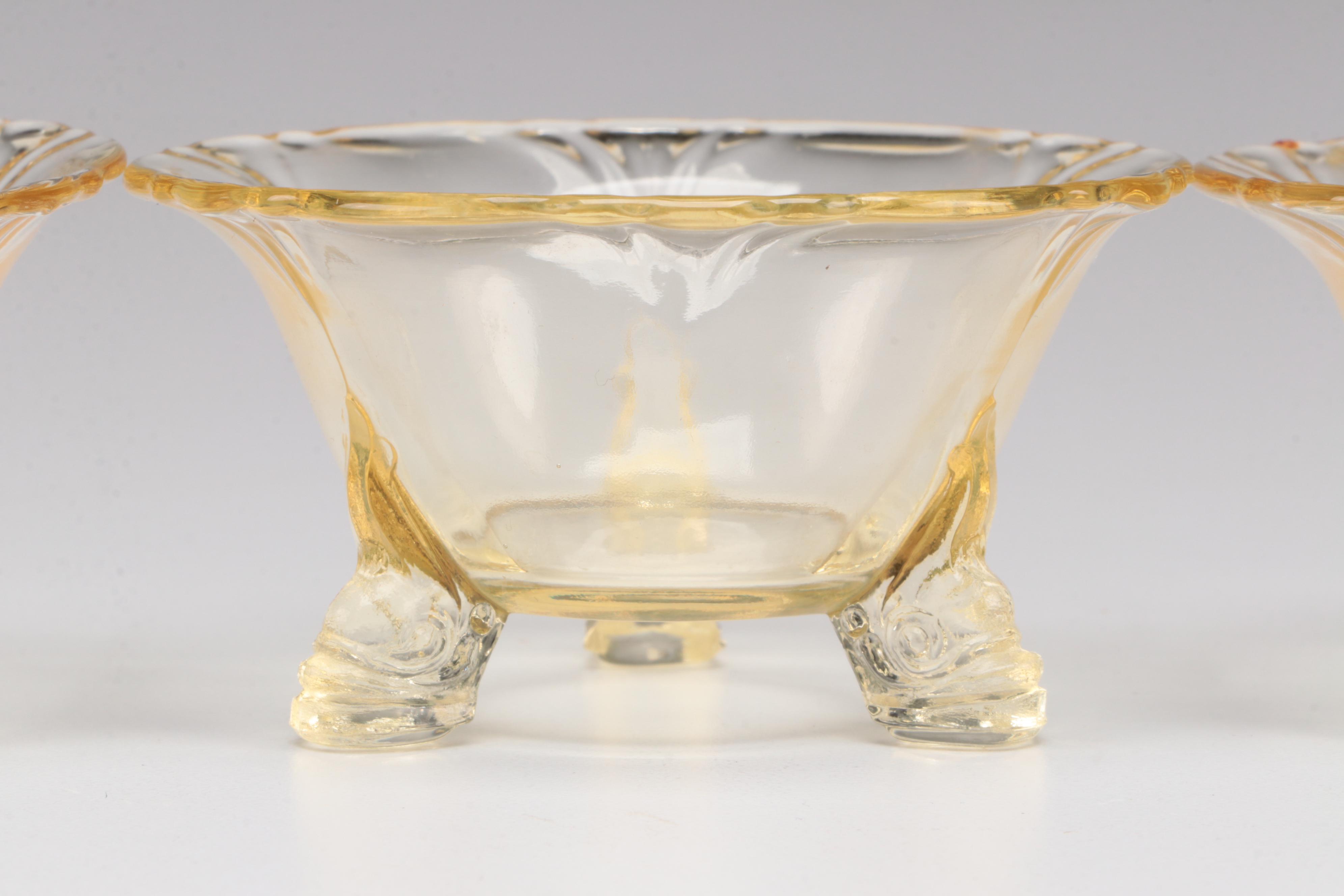 Heisey "Empress" Sahara Yellow Bowls and 3-Toed Dolphin Mayonnaise Bowls