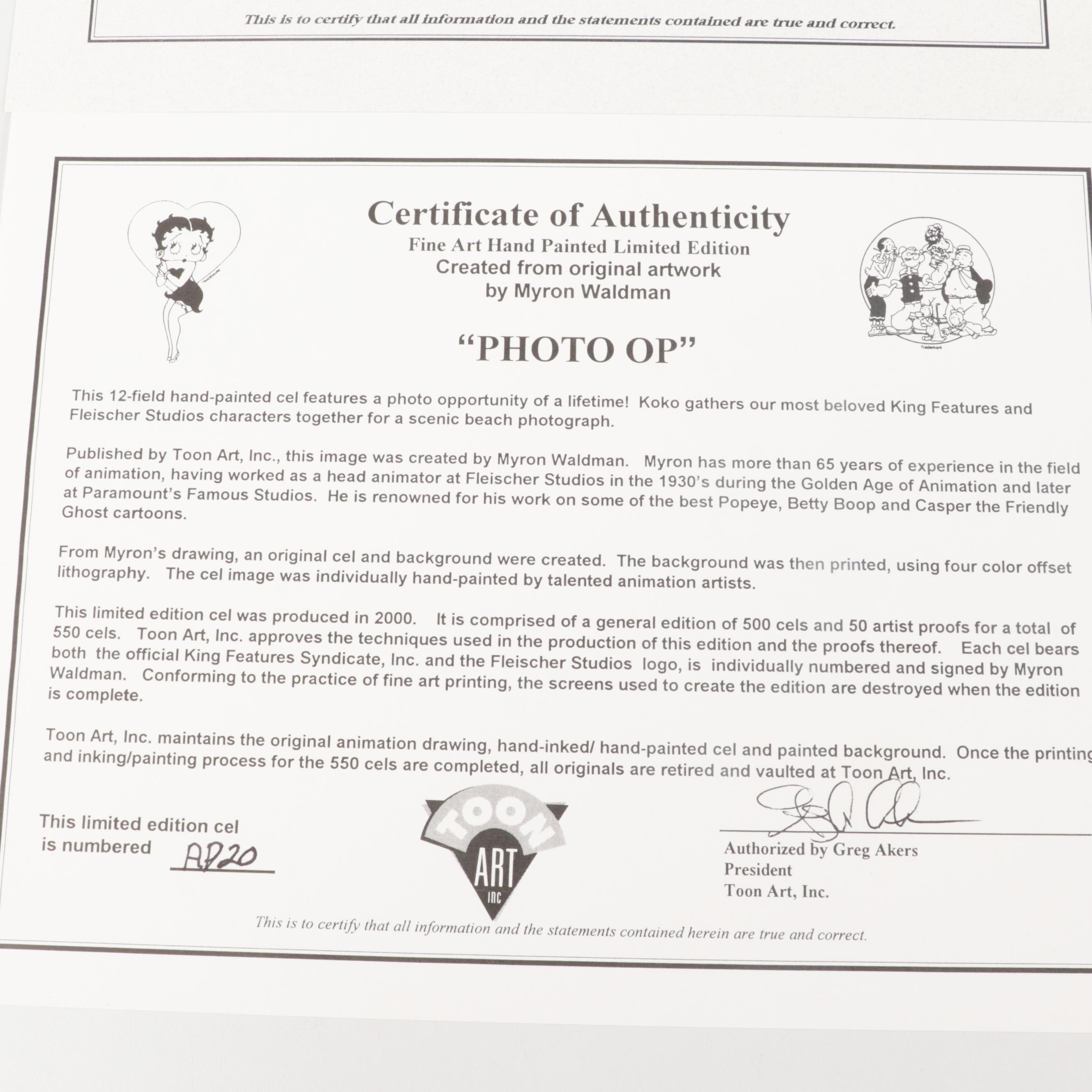 Limited Edition Myron Waldman Cels Featuring Popeye, Betty Boop, and More