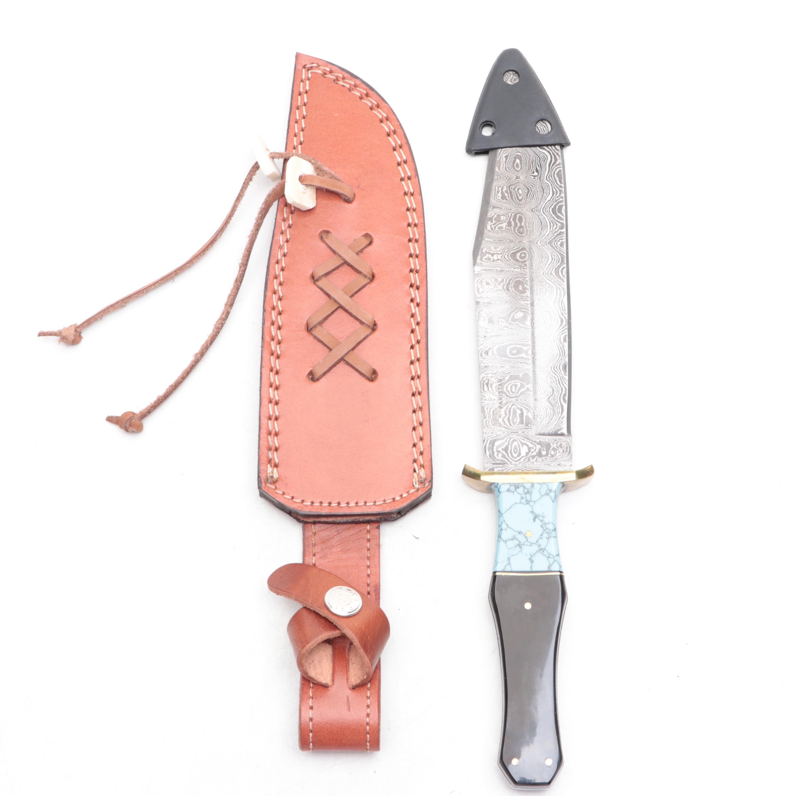 Rite Edge Damascus Steel and Buffalo Horn Handled Bowie Knife with Scabbard