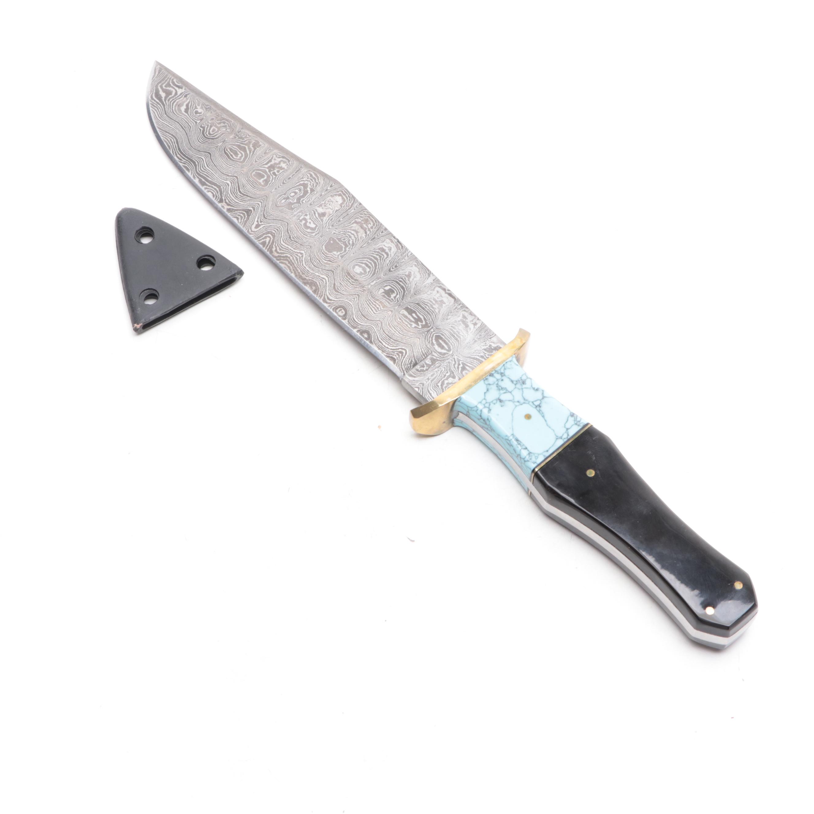 Rite Edge Damascus Steel and Buffalo Horn Handled Bowie Knife with Scabbard