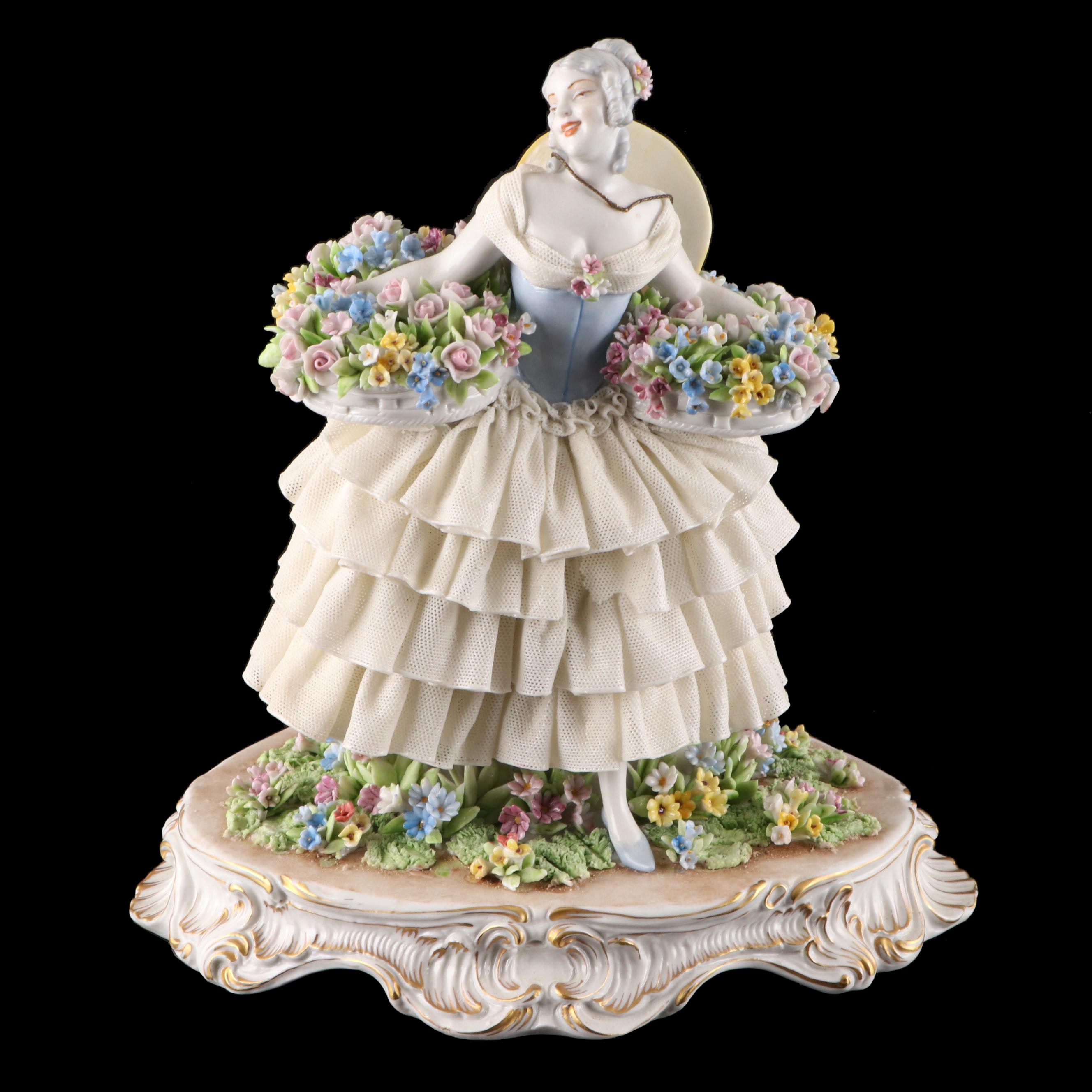 Luigi Fabris Dresden Style Lace Porcelain Figurine, Early to Mid-20th Century