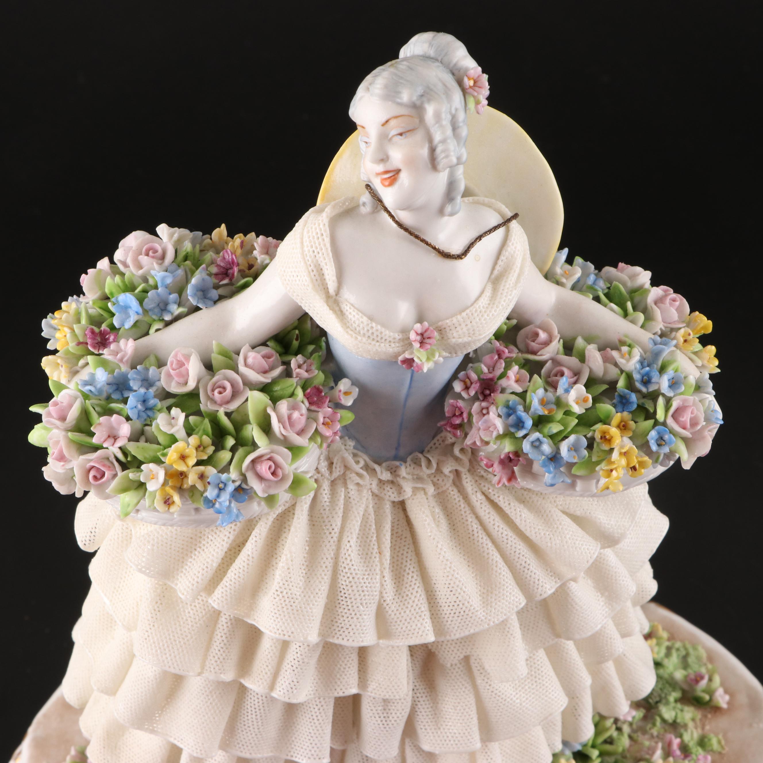Luigi Fabris Dresden Style Lace Porcelain Figurine, Early to Mid-20th Century