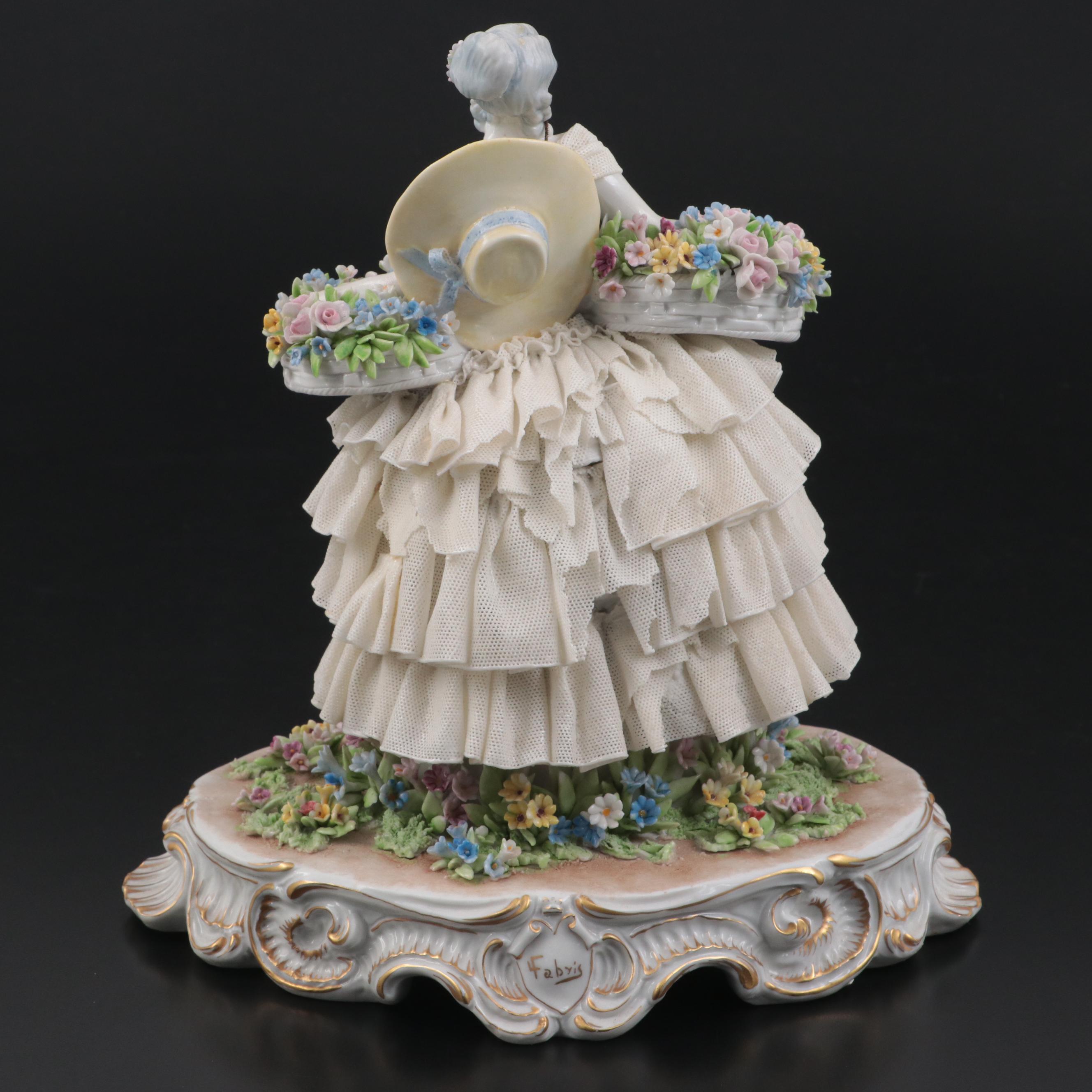 Luigi Fabris Dresden Style Lace Porcelain Figurine, Early to Mid-20th Century