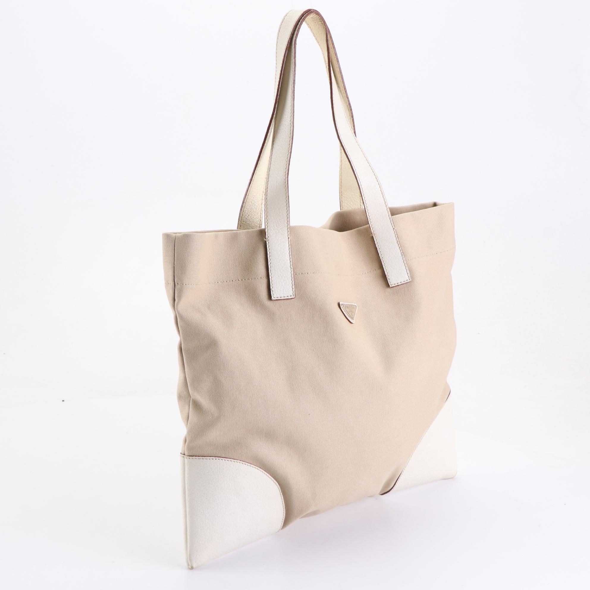Prada Slim Shoulder Tote in Canvas with Leather Trim