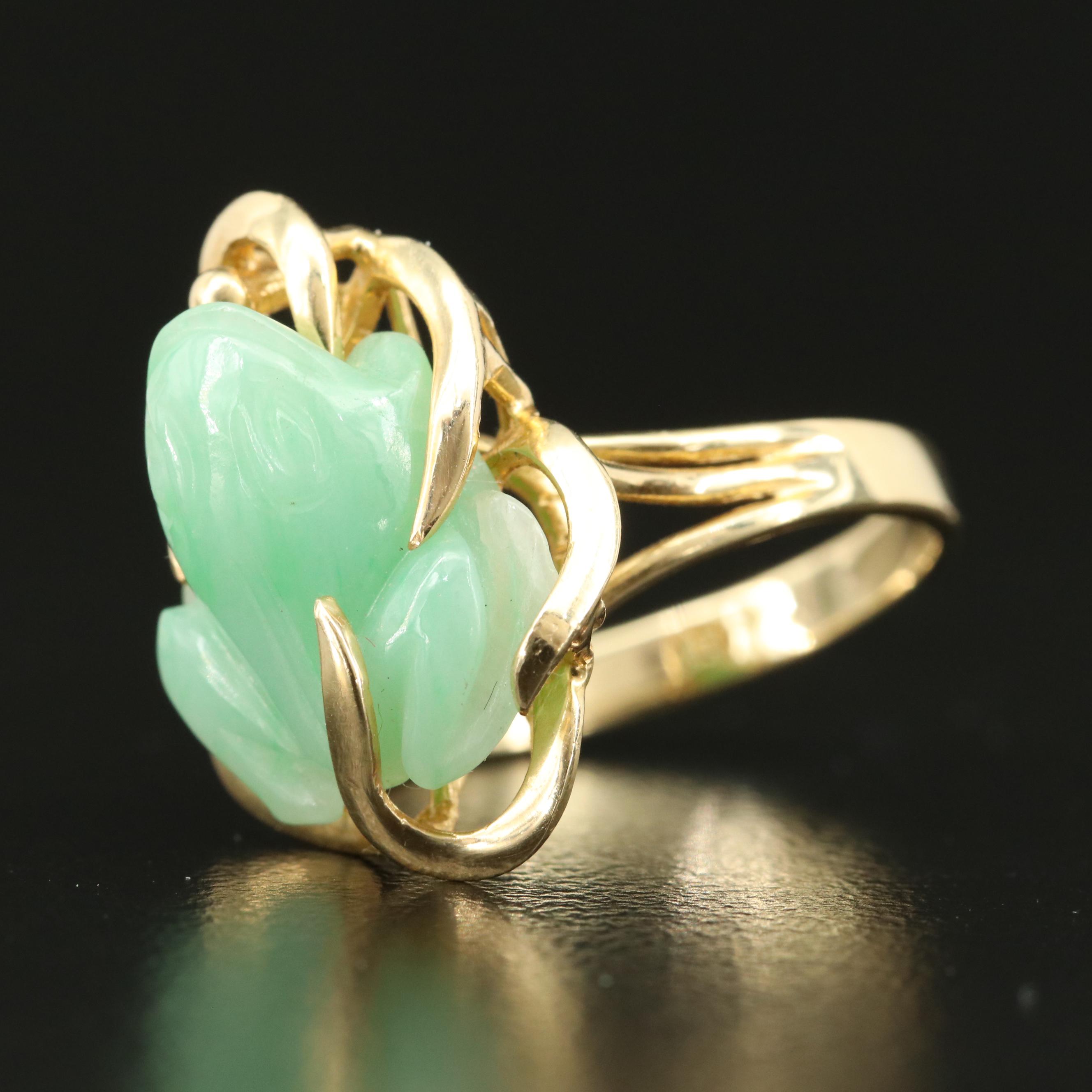 Vintage Chinese 14K Carved Jadiete Feng Sui Frog Ring