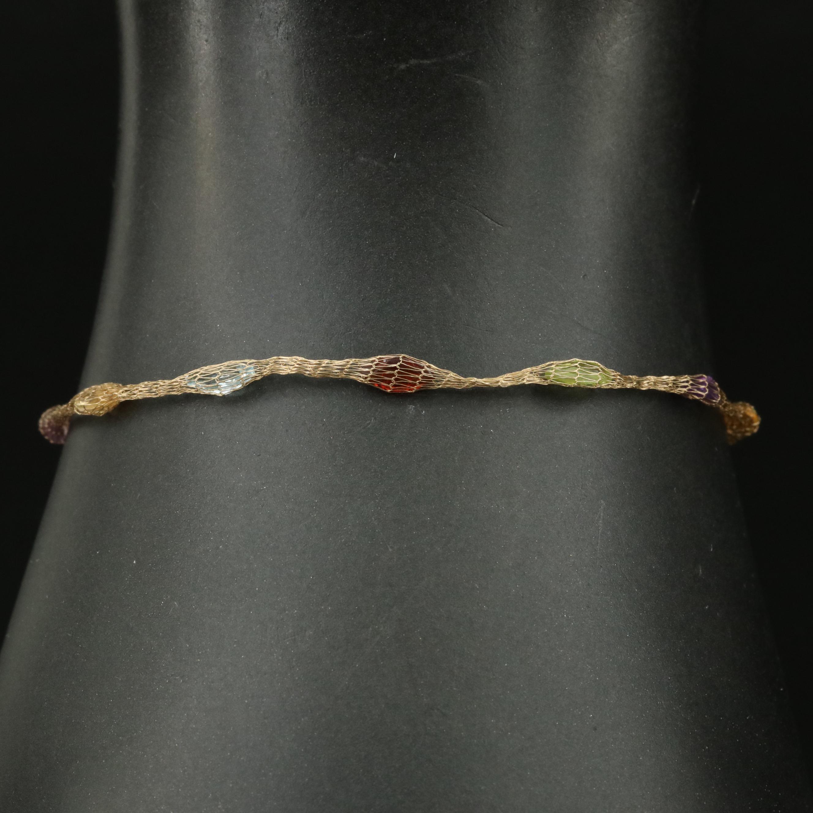 14K Amethyst, Citrine and Peridot Caged Mesh Station Bracelet
