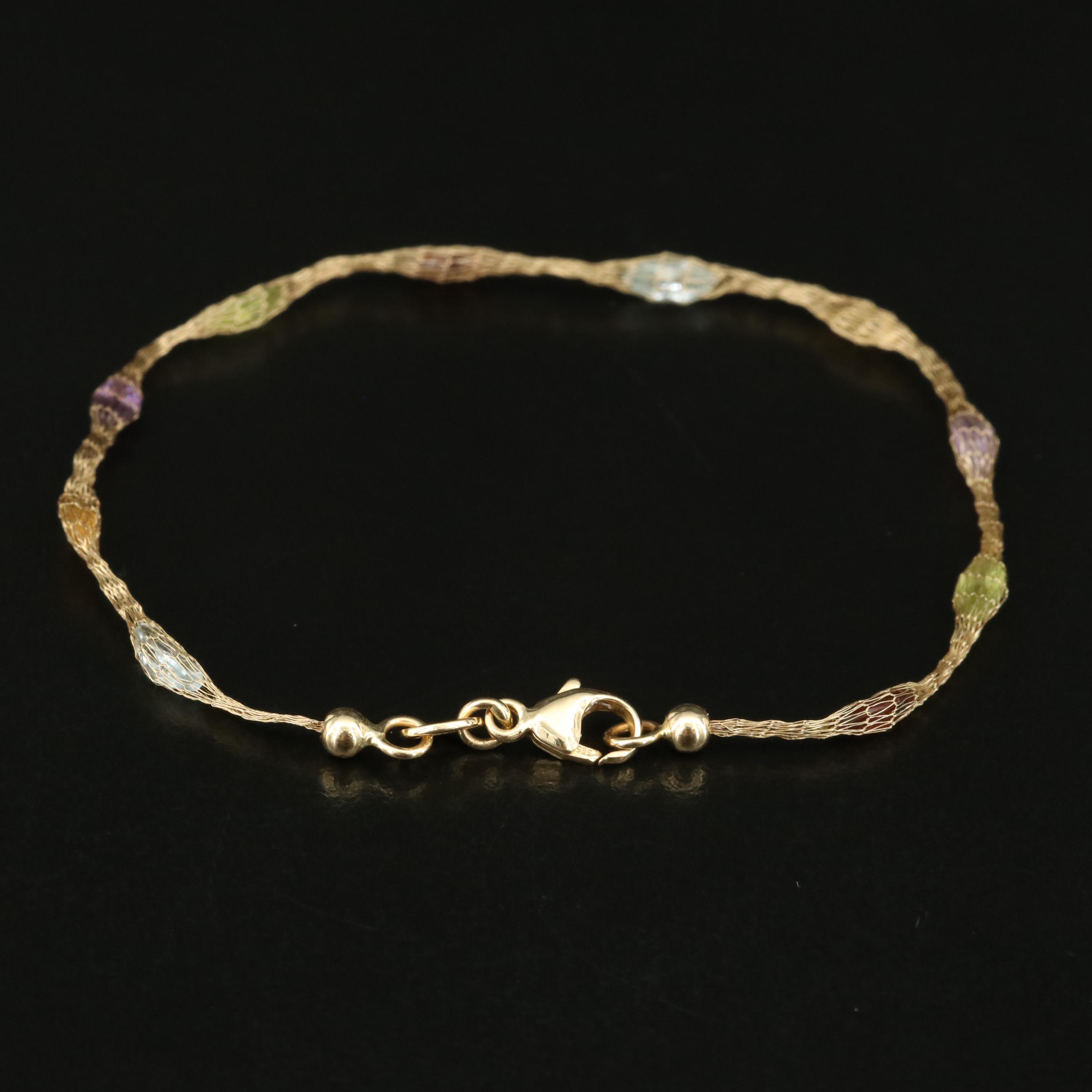 14K Amethyst, Citrine and Peridot Caged Mesh Station Bracelet