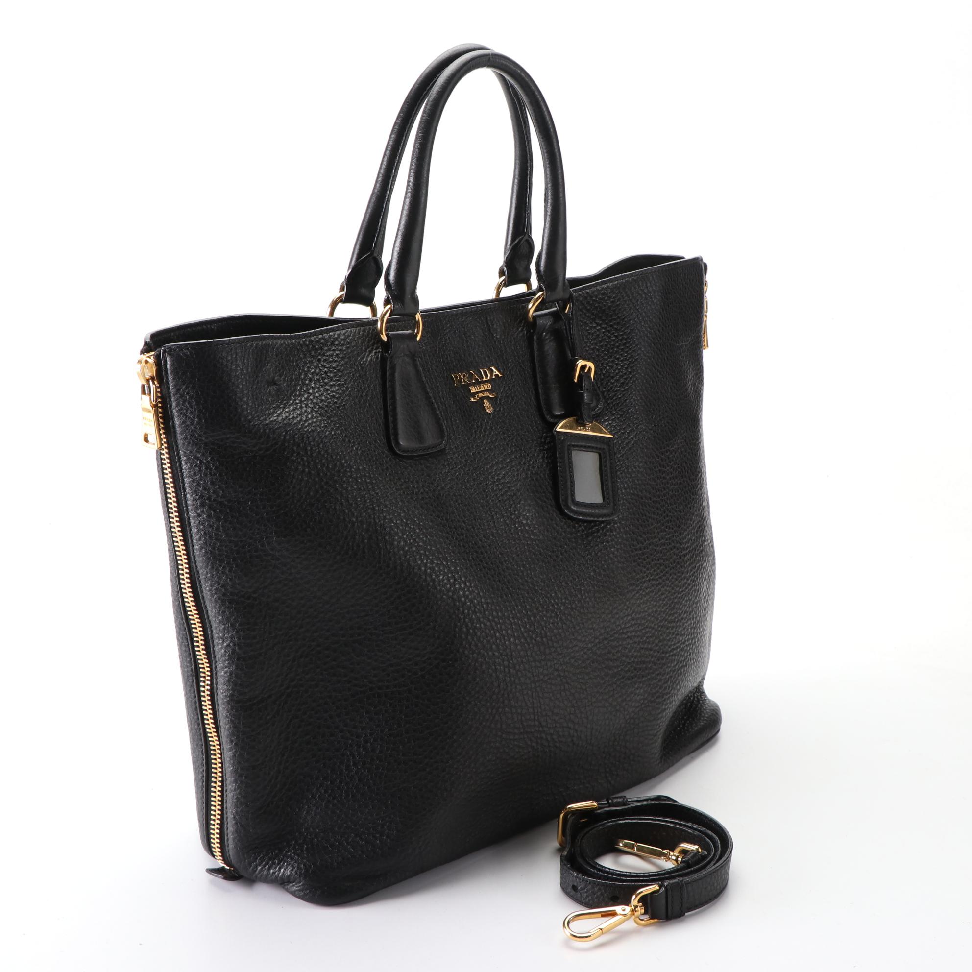 Prada Two-Way Tote Bag in Black Grained Leather