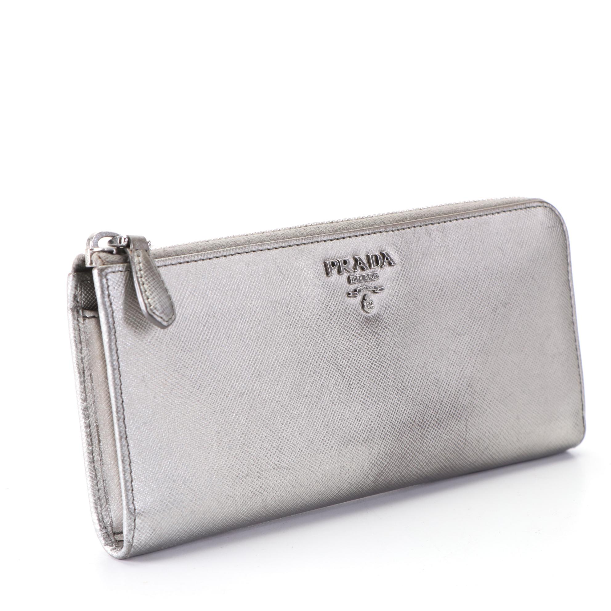 Prada Long Zipper Wallet in Metallic Silver Saffiano Leather