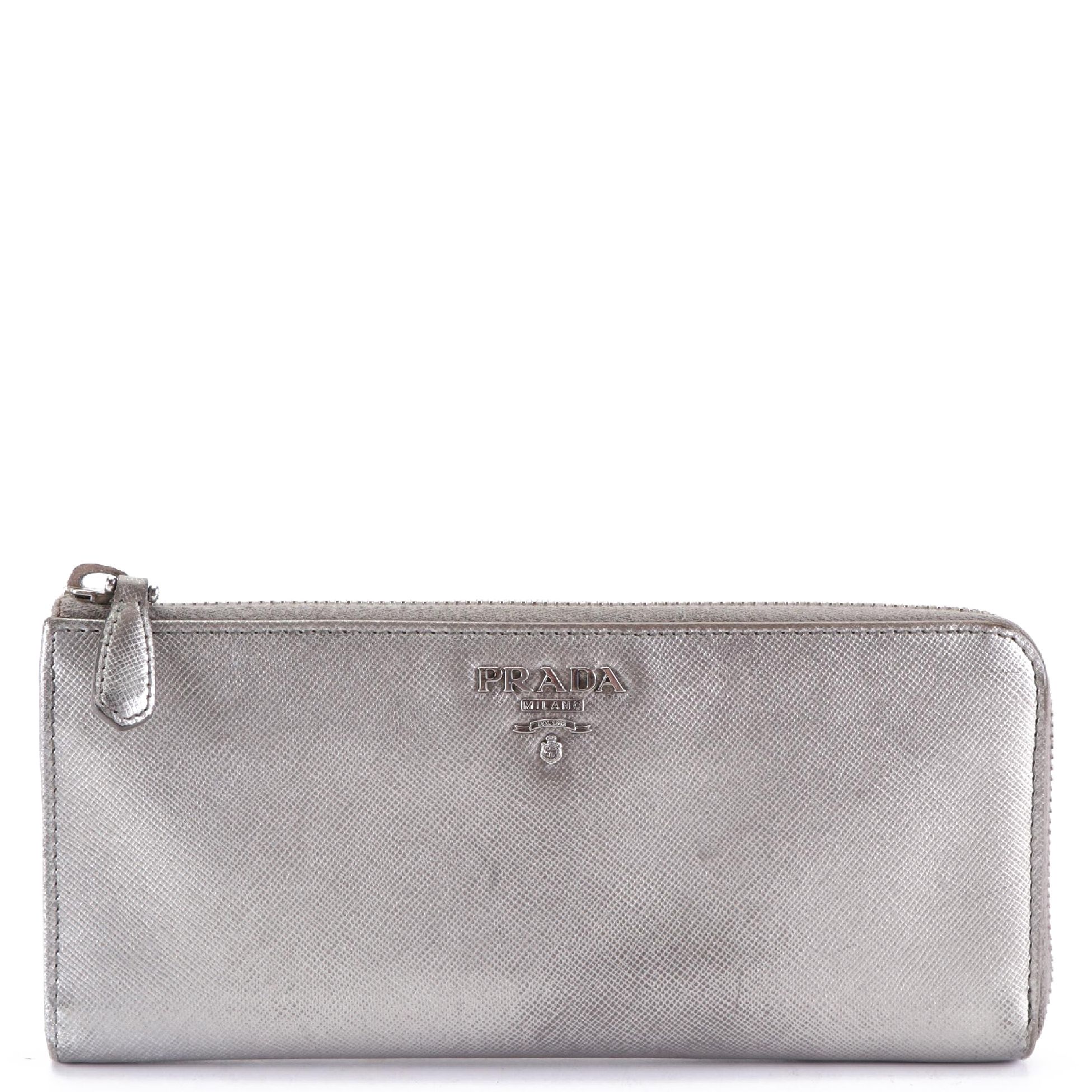 Prada Long Zipper Wallet in Metallic Silver Saffiano Leather