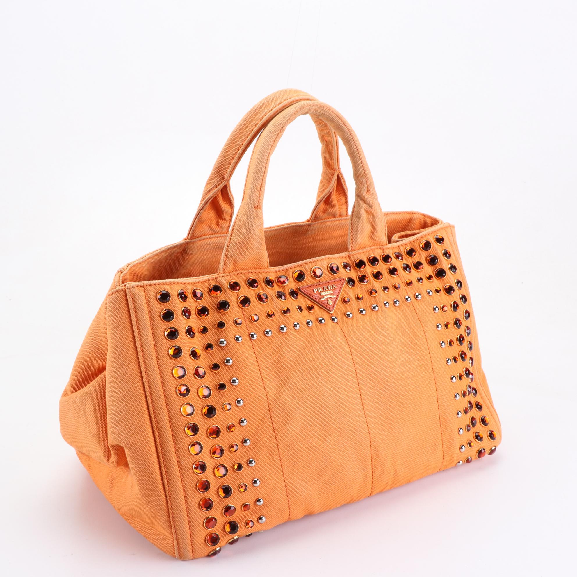 Prada Canapa Tote in Orange Canvas with Rhinestone Embellishments