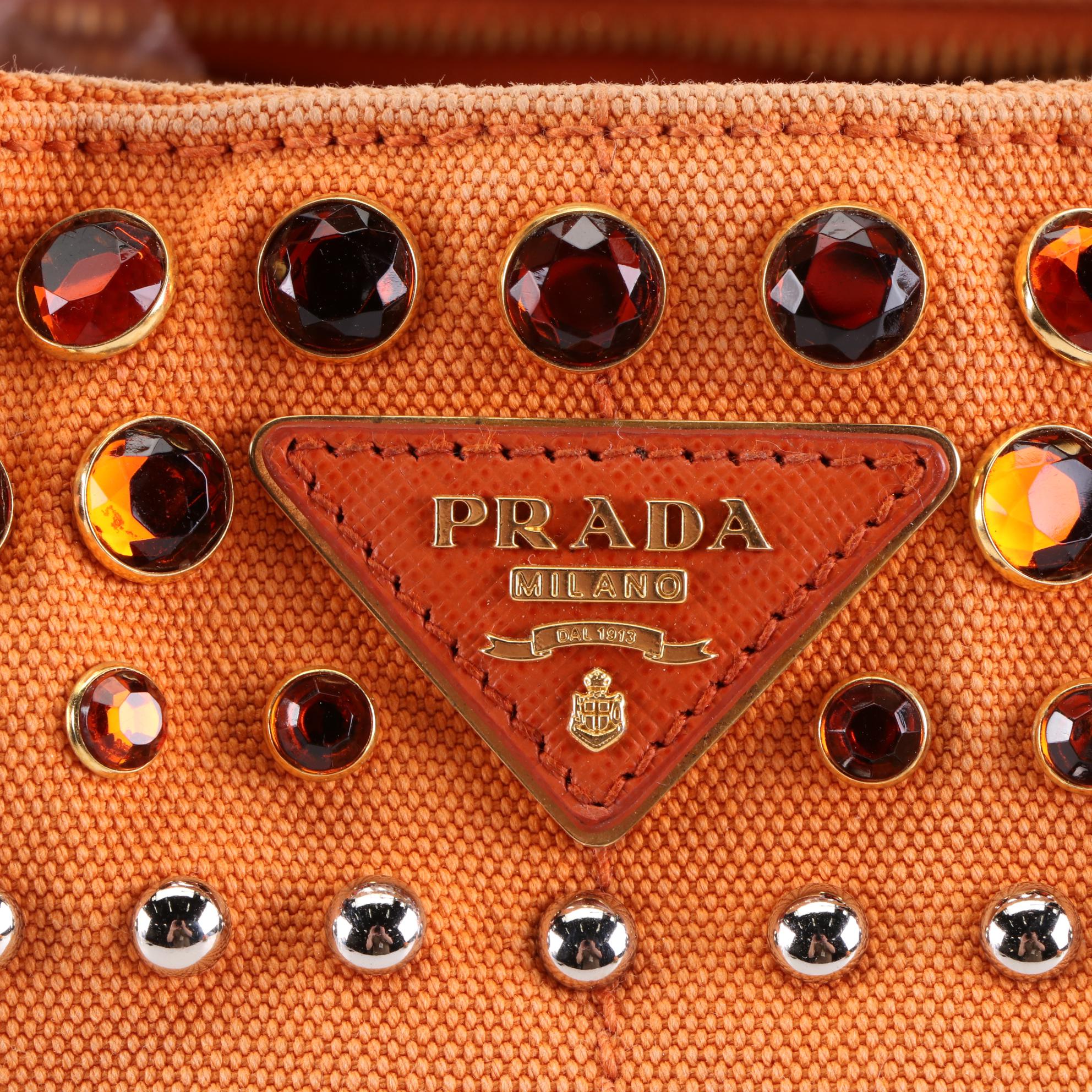 Prada Canapa Tote in Orange Canvas with Rhinestone Embellishments
