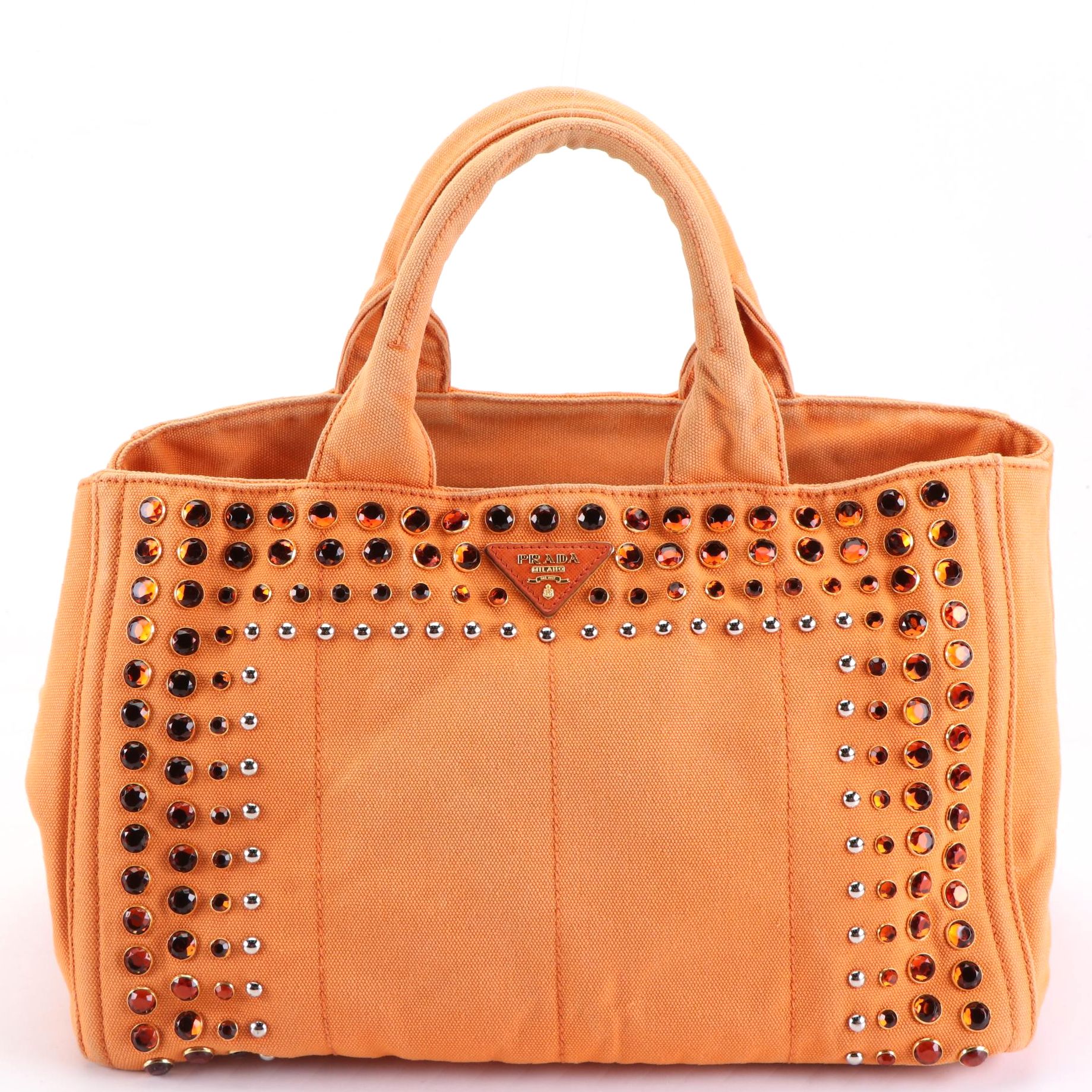 Prada Canapa Tote in Orange Canvas with Rhinestone Embellishments