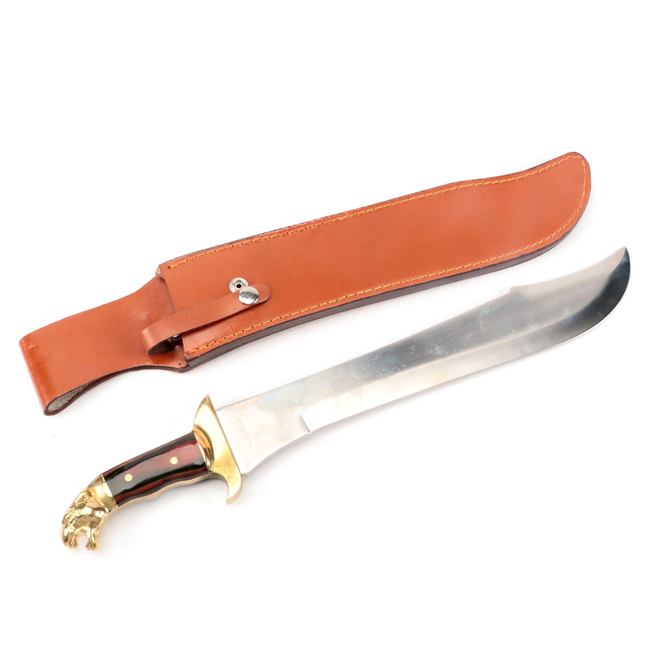 Old Smokey Cat's Eye Stainless Steel Machete Knife with Leather Scabbard